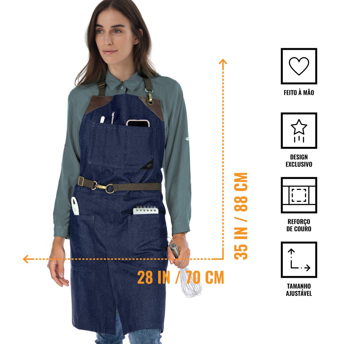 Avental Jeans - Sem Laço, Acabamento em Couro, Fenda na Perna- Chef, Bartender, Churrasco, Loja, Barbeiro, Salão - Under NY Sky