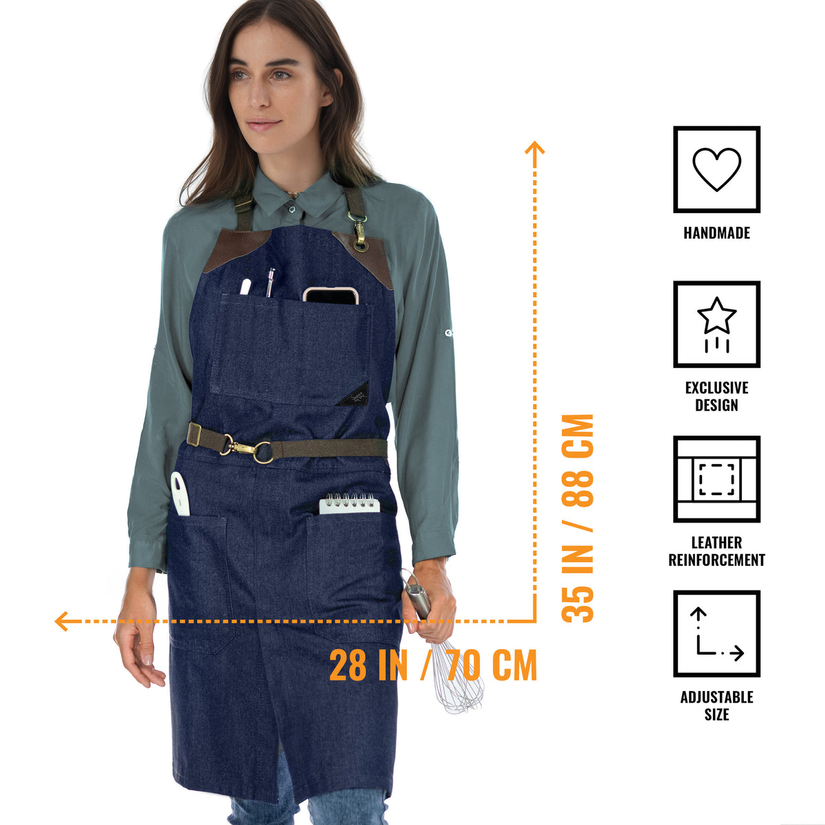 Avental Jeans - Sem Laço, Acabamento em Couro, Fenda na Perna- Chef, Bartender, Churrasco, Loja, Barbeiro, Salão - Under NY Sky