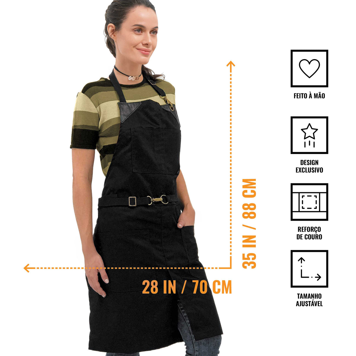 Avental para Chef - Em Sarja, Sem Laços, Acabamento em Couro, Fenda na Perna - Barman, Barista, Churrasqueiro, Comércio -  Under NY Sky