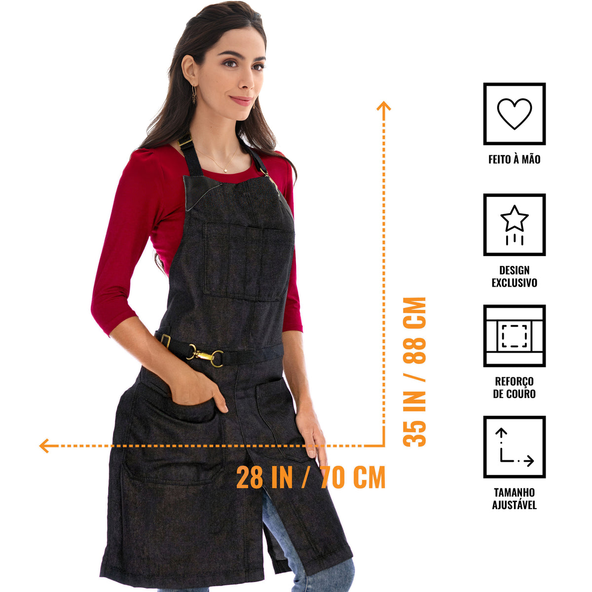 Avental Jeans - Sem Laço, Acabamento em Couro, Fenda na Perna- Chef, Bartender, Churrasco, Loja, Barbeiro, Salão - Under NY Sky