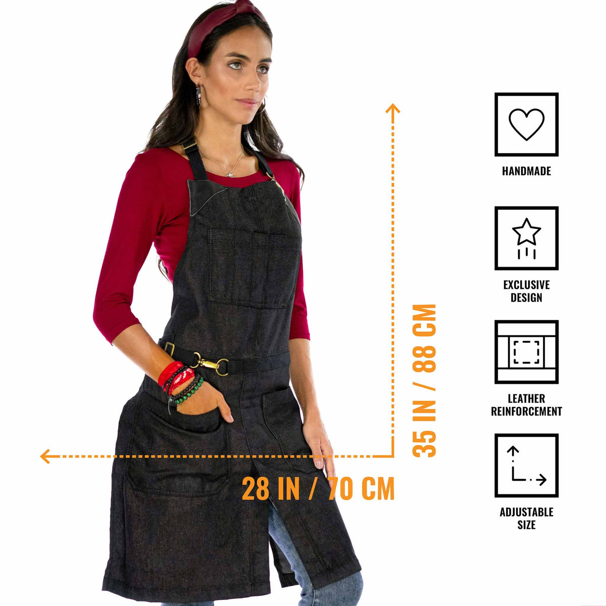 Denim Apron - Easy-Fastening, Leather Trim, Adjustable - Chef, Bartender, BBQ, Shop, Barber, Salon - Under NY Sky