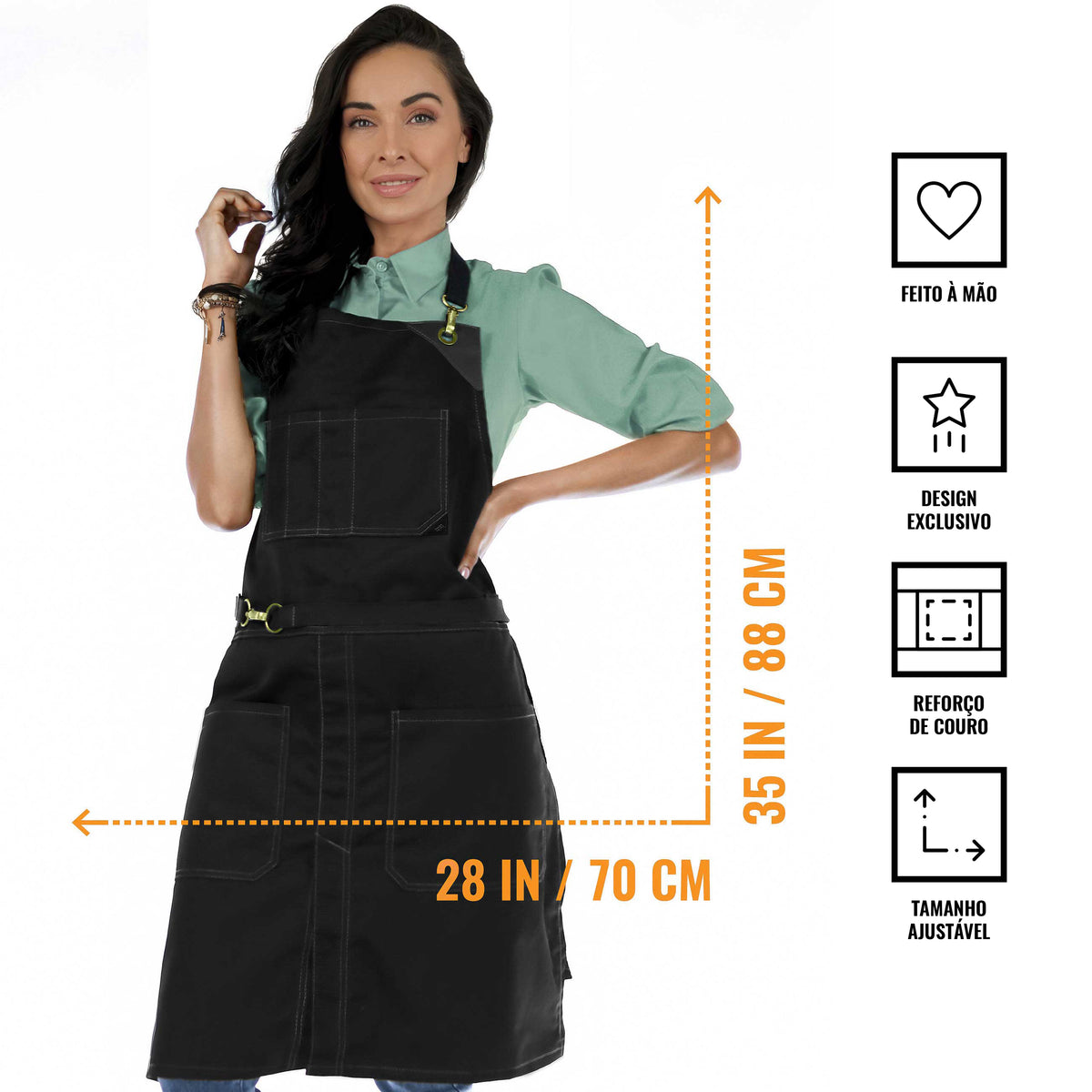 Avental para Chef - Em Sarja, Sem Laços, Acabamento em Couro, Fenda na Perna - Barman, Barista, Churrasqueiro, Comércio -  Under NY Sky