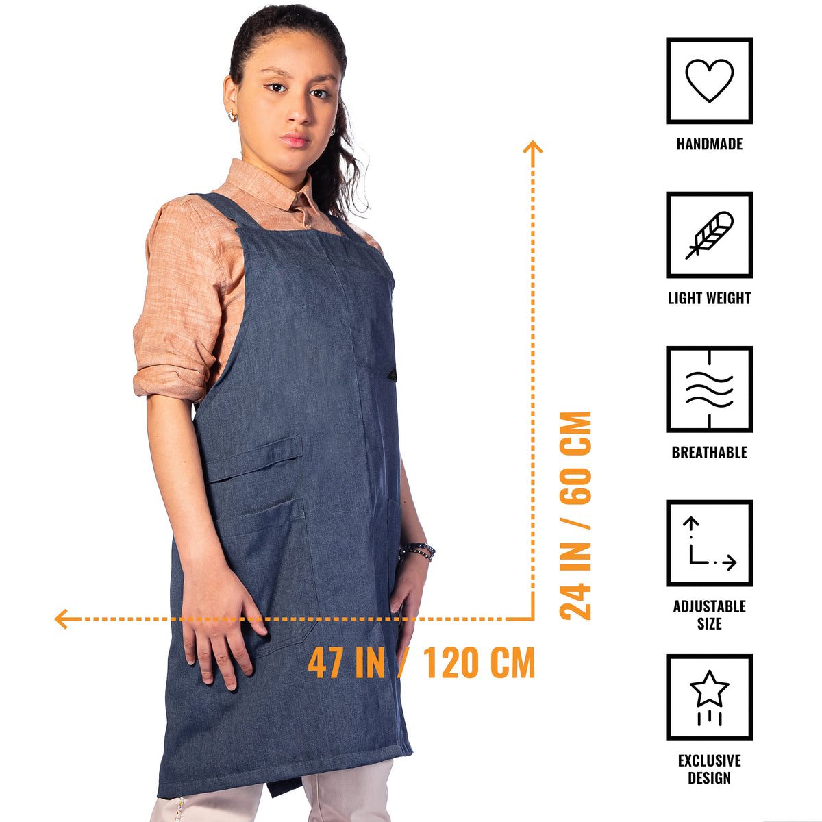 Cross Back Apron - Pinafore Apron, 3 Pockets, Loop - Baking Cooking, Gardening, School - Under NY Sky