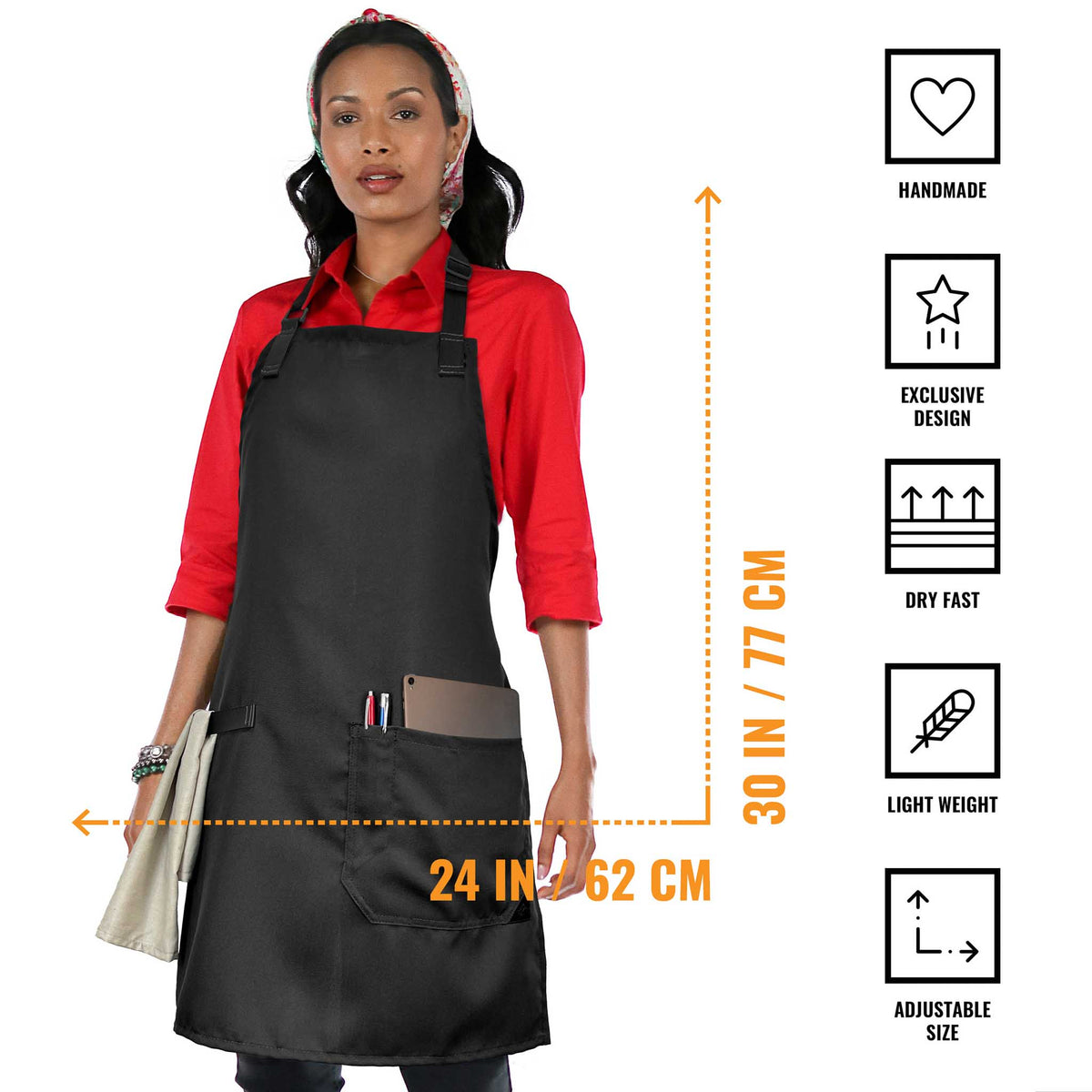 Super Light Apron - Pocket, Towel Loop, Leather Reinforcement - Kitchen Bib Apron - Cook, Chef, Server, Barista - Under NY Sky