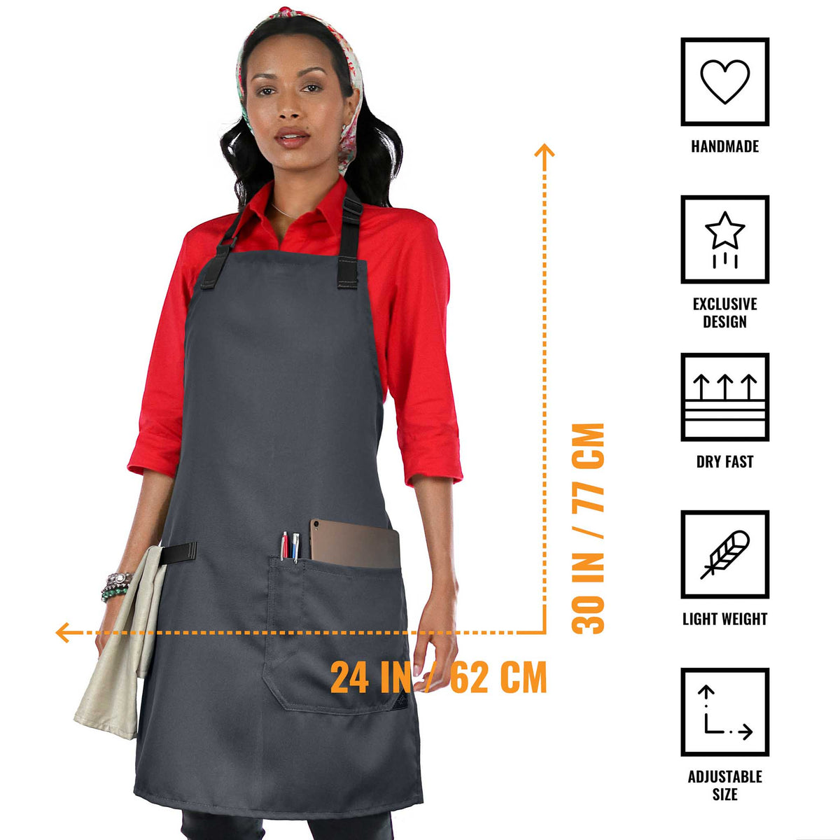 Super Light Apron - Pocket, Towel Loop, Leather Reinforcement - Kitchen Bib Apron - Cook, Chef, Server, Barista - Under NY Sky