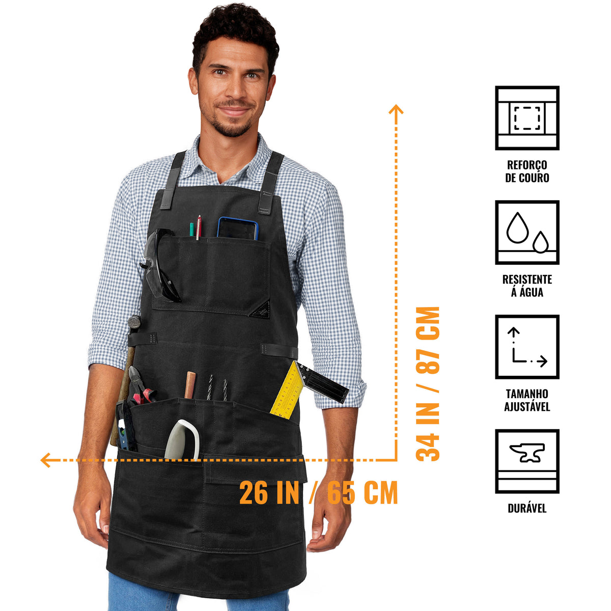 Avental de Marceneiro - 12 bolsos e Alças de Suporte, Lona Encerada, Alças Cruzadas, Reforço de Couro - Carpinteiro, Oficina, Ferramentas - Under NY Sky