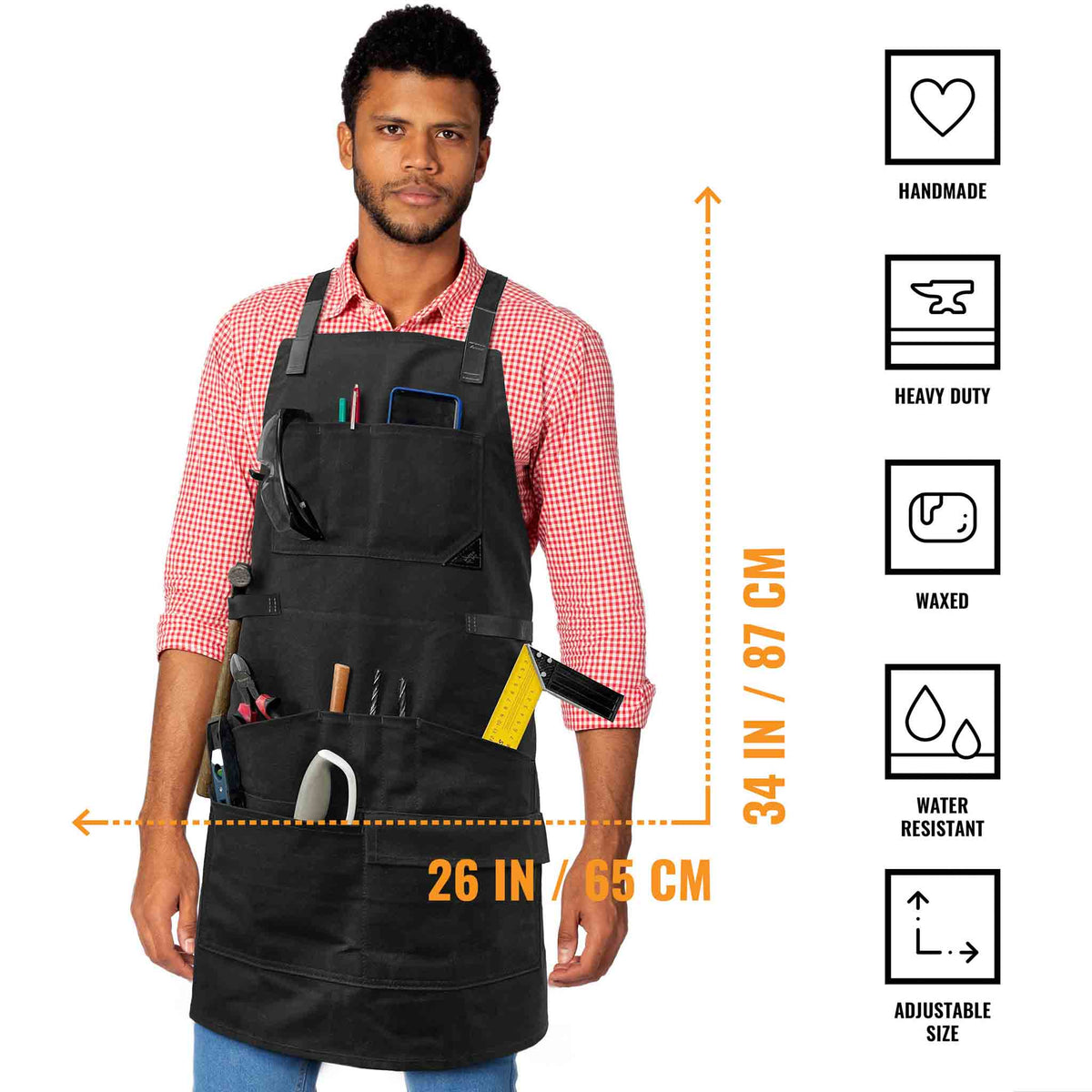 Woodwork Apron - 12 pockets &amp; loops, Waxed Canvas, Cross-Back, Leather Reinforcement - Carpenter, Workshop, Tool - Under Ny Sky