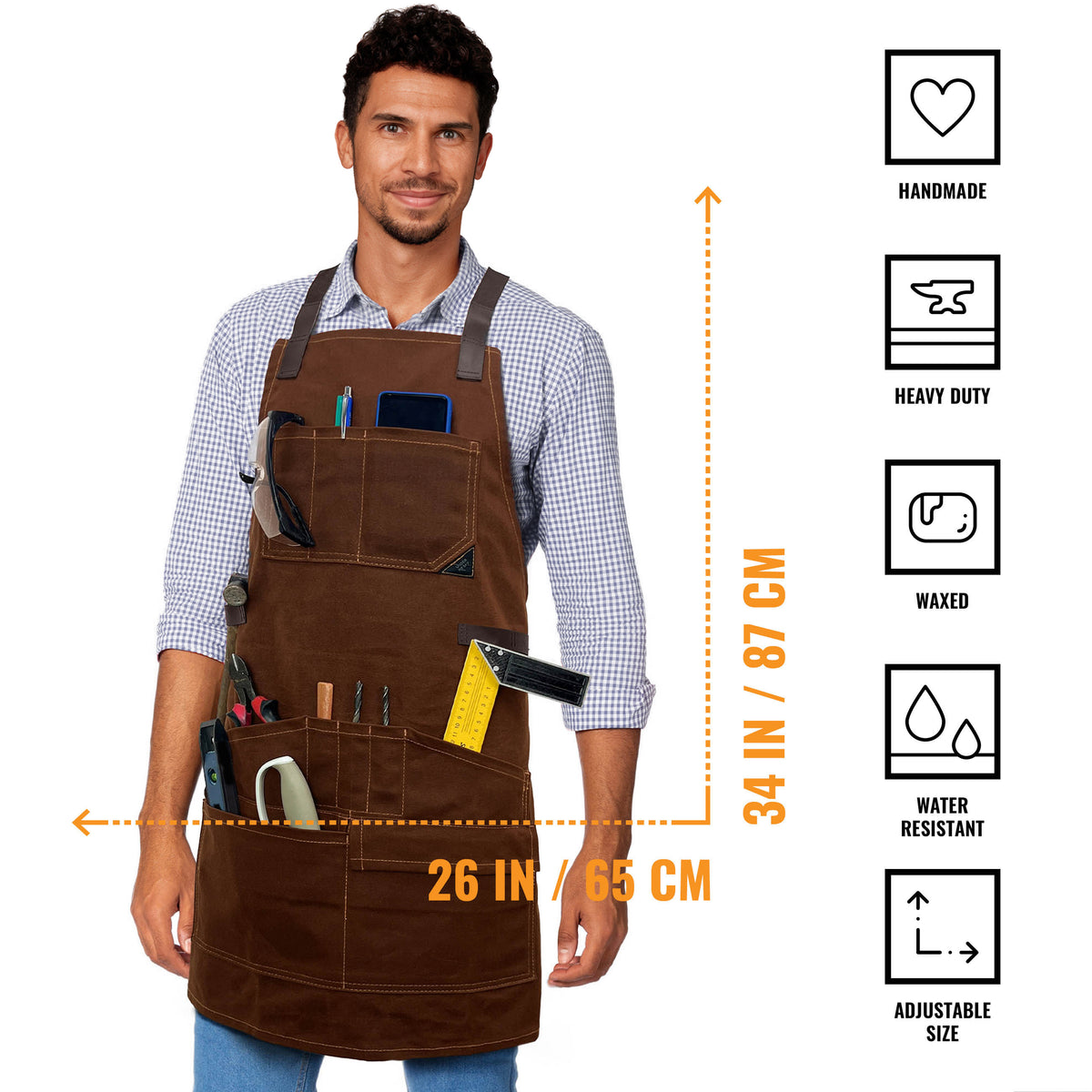 Avental de Marceneiro - 12 bolsos e Alças de Suporte, Lona Encerada, Alças Cruzadas, Reforço de Couro - Carpinteiro, Oficina, Ferramentas - Under NY Sky