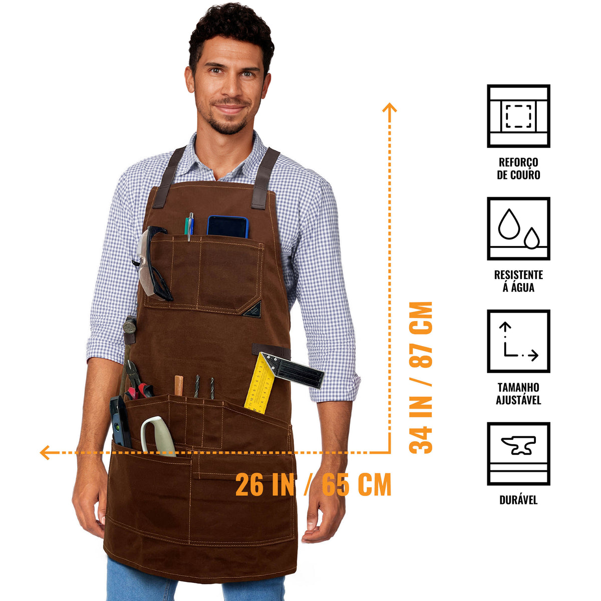 Avental de Marceneiro - 12 bolsos e Alças de Suporte, Lona Encerada, Alças Cruzadas, Reforço de Couro - Carpinteiro, Oficina, Ferramentas - Under NY Sky