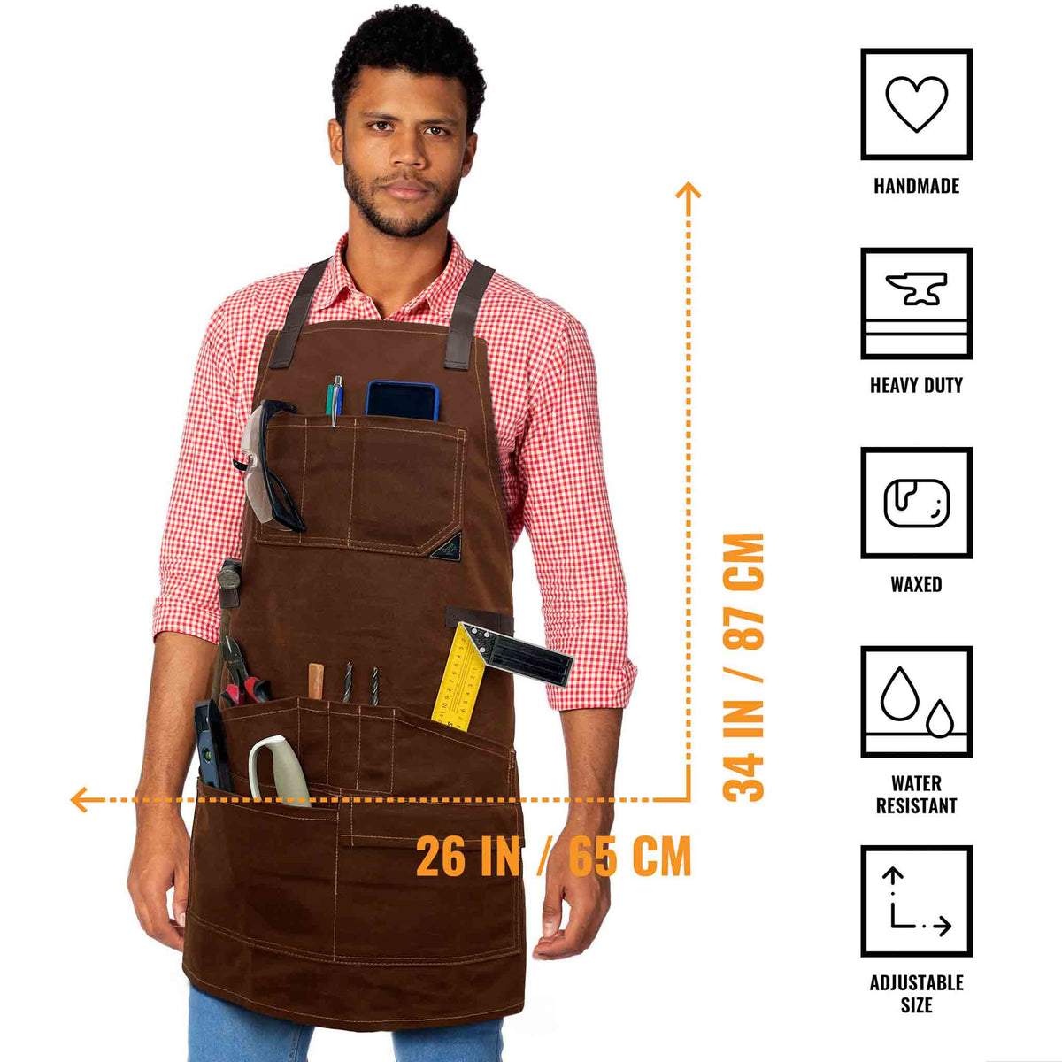 Woodwork Apron - 12 pockets &amp; loops, Waxed Canvas, Cross-Back, Leather Reinforcement - Carpenter, Workshop, Tool - Under Ny Sky