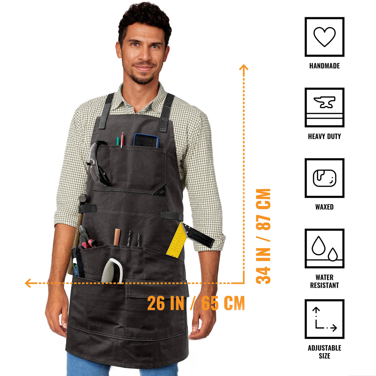 Avental de Marceneiro - 12 bolsos e Alças de Suporte, Lona Encerada, Alças Cruzadas, Reforço de Couro - Carpinteiro, Oficina, Ferramentas - Under NY Sky