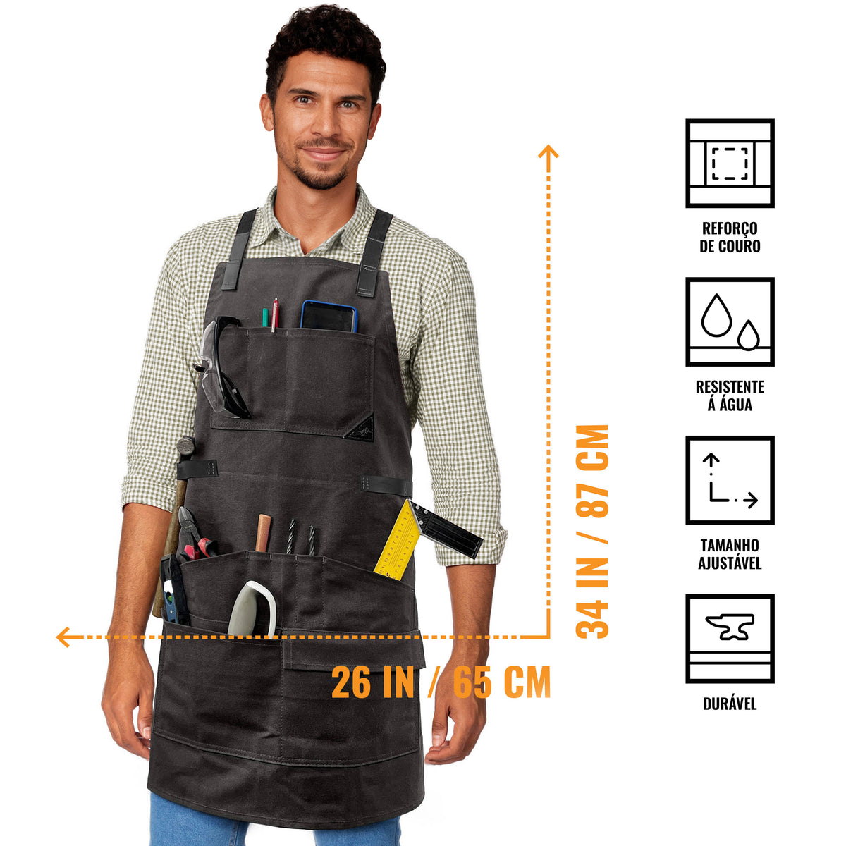 Avental de Marceneiro - 12 bolsos e Alças de Suporte, Lona Encerada, Alças Cruzadas, Reforço de Couro - Carpinteiro, Oficina, Ferramentas - Under NY Sky