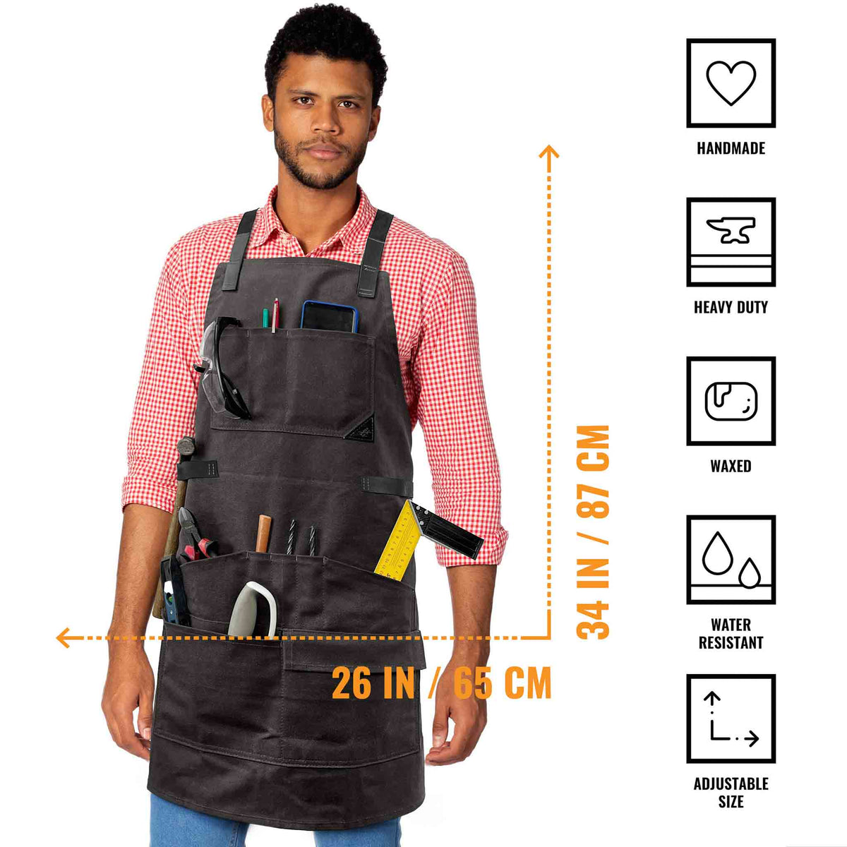 Woodwork Apron - 12 pockets &amp; loops, Waxed Canvas, Cross-Back, Leather Reinforcement - Carpenter, Workshop, Tool - Under Ny Sky