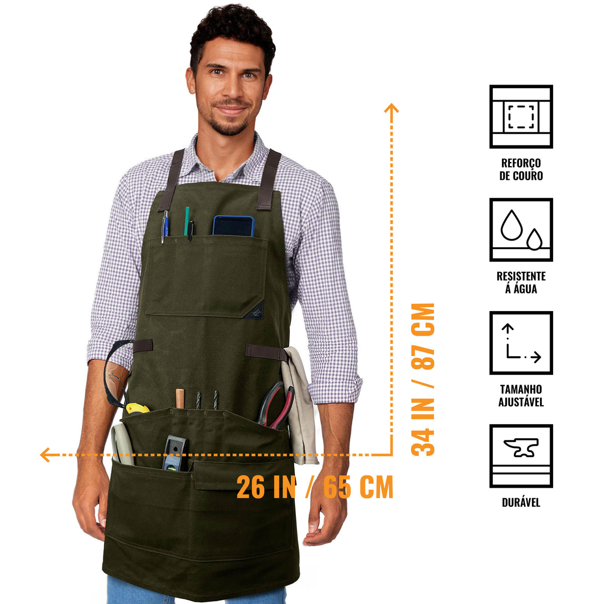 Avental de Marceneiro - 12 bolsos e Alças de Suporte, Lona Encerada, Alças Cruzadas, Reforço de Couro - Carpinteiro, Oficina, Ferramentas - Under NY Sky