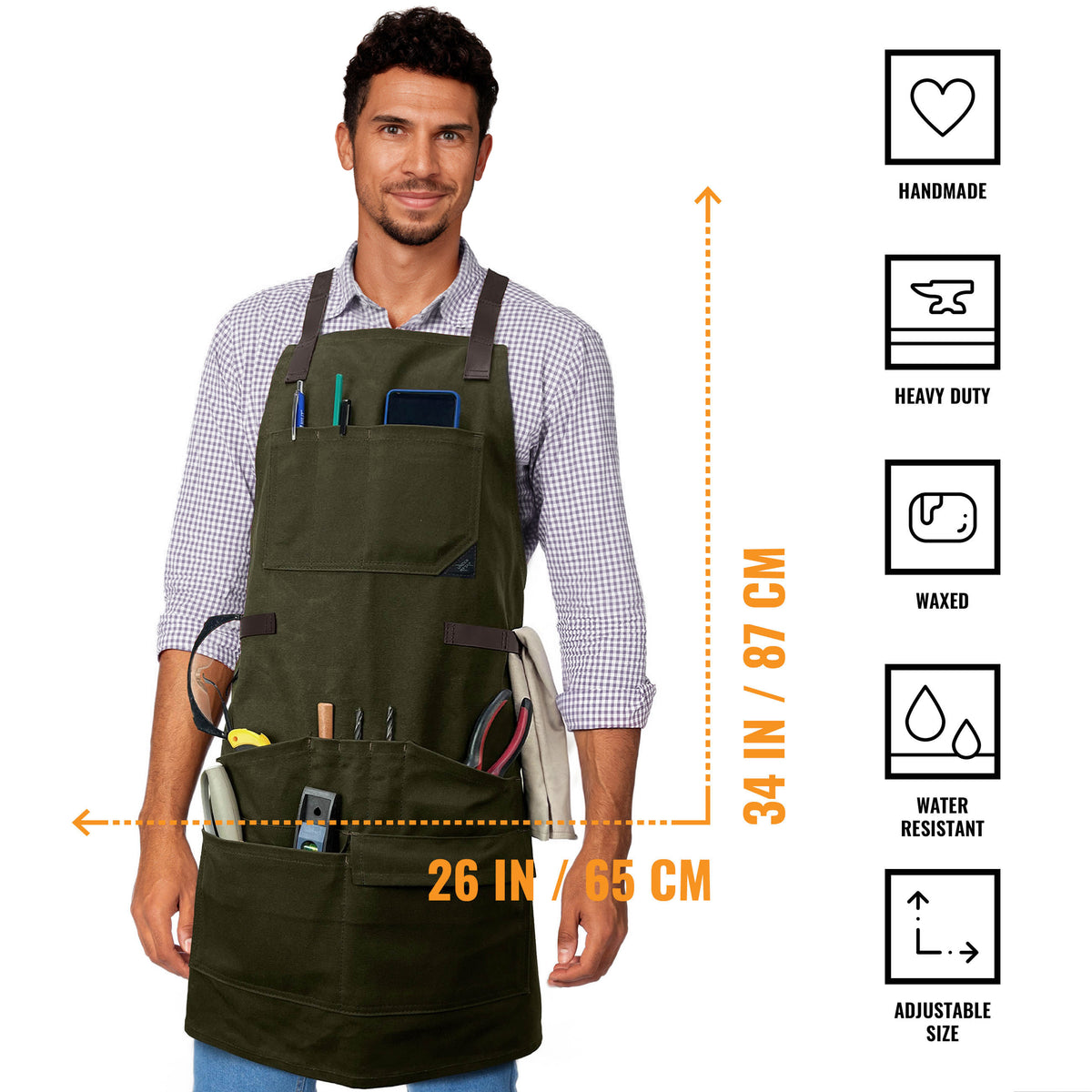 Avental de Marceneiro - 12 bolsos e Alças de Suporte, Lona Encerada, Alças Cruzadas, Reforço de Couro - Carpinteiro, Oficina, Ferramentas - Under NY Sky