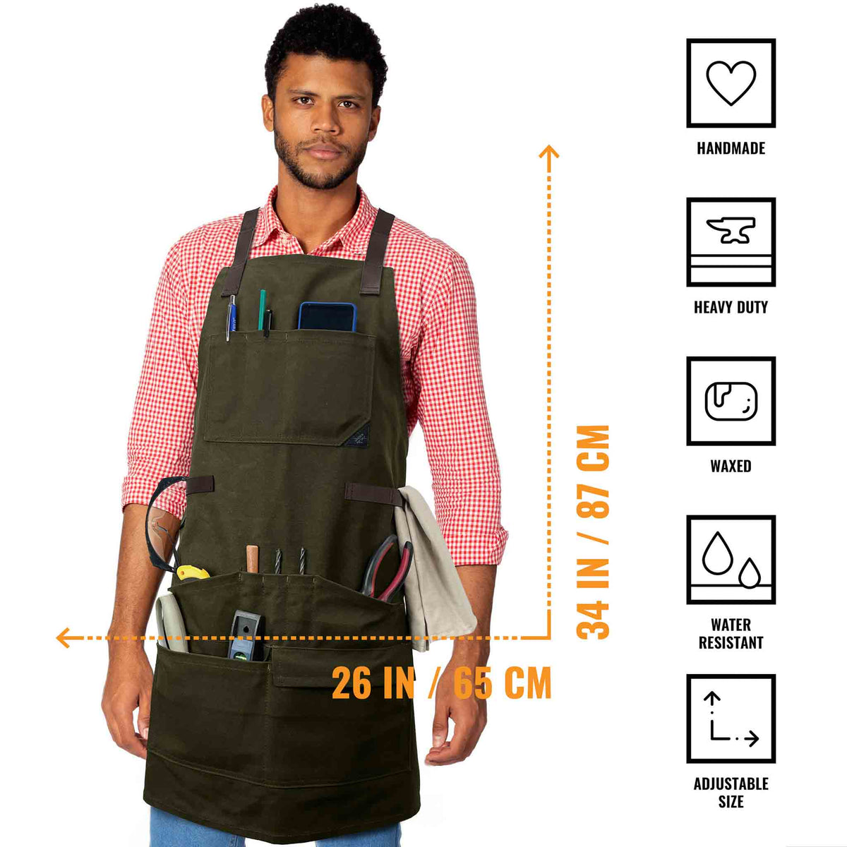 Woodwork Apron - 12 pockets &amp; loops, Waxed Canvas, Cross-Back, Leather Reinforcement - Carpenter, Workshop, Tool - Under Ny Sky