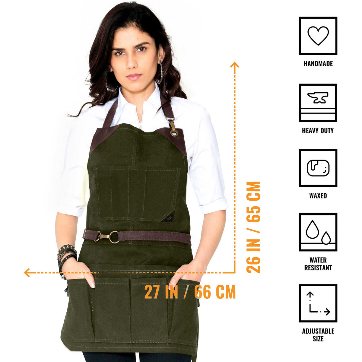 Tool Apron - 12 Pockets, Heavy-Duty Waxed Canvas, Leather Trim, NoTie - Woodwork, Garden, Shop - Under NY Sky