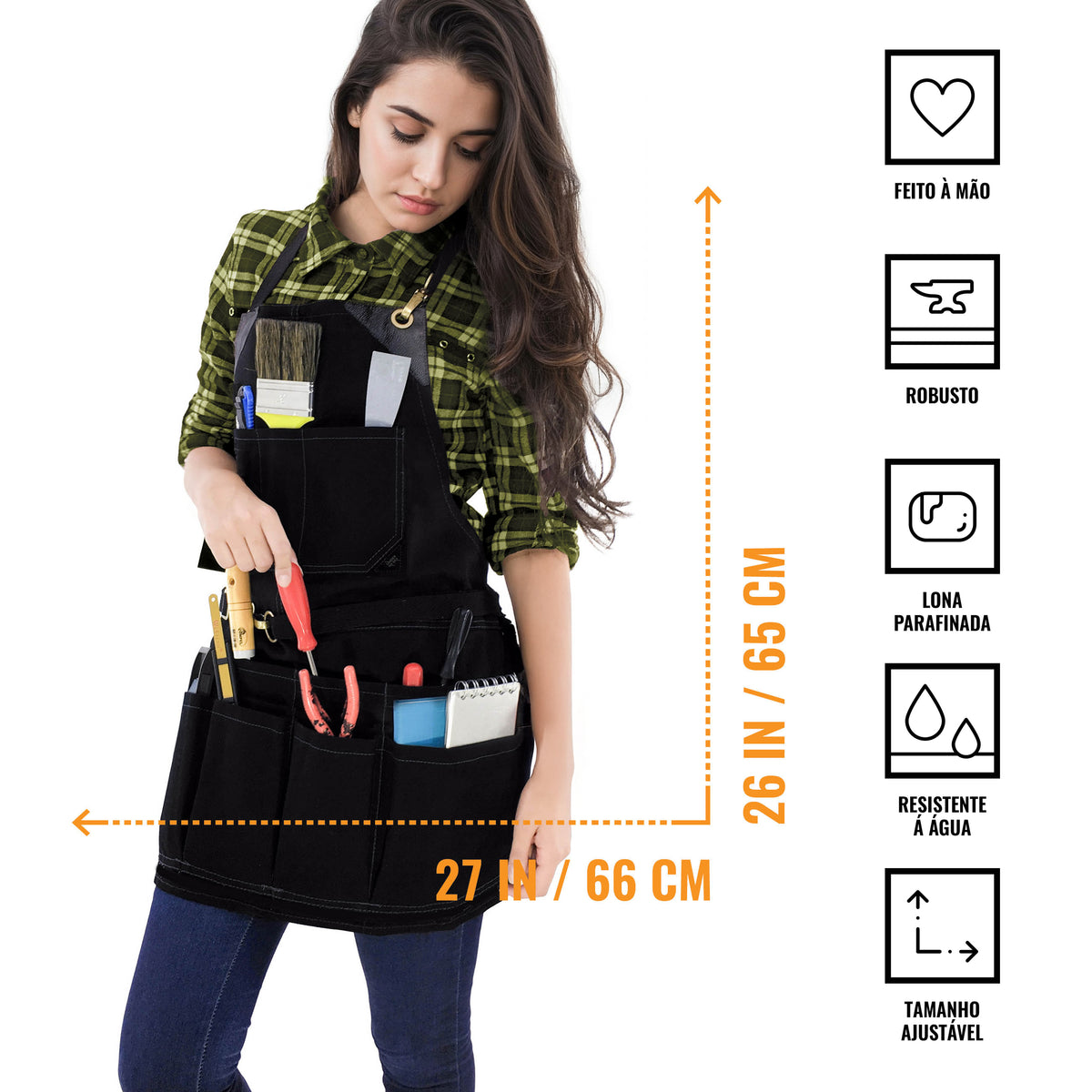 Avental de Ferramentas - 12 Bolsos, Lona Encerada Resistente, Reforço em Couro, Sem laços - Carpinteiro, Jardim, Comércio - Under NY Sky