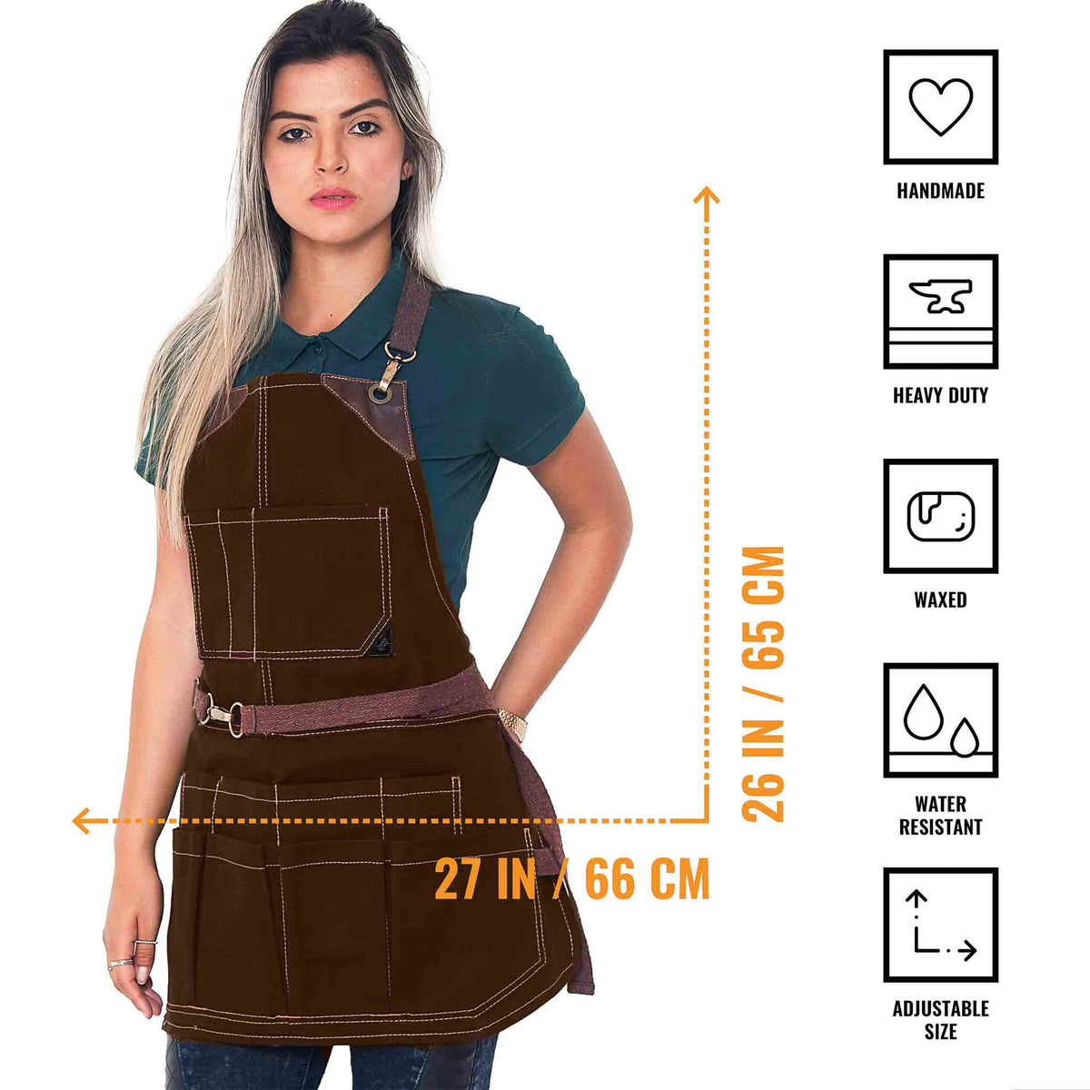 Tool Apron - 12 Pockets, Heavy-Duty Waxed Canvas, Leather Trim, NoTie - Woodwork, Garden, Shop - Under NY Sky