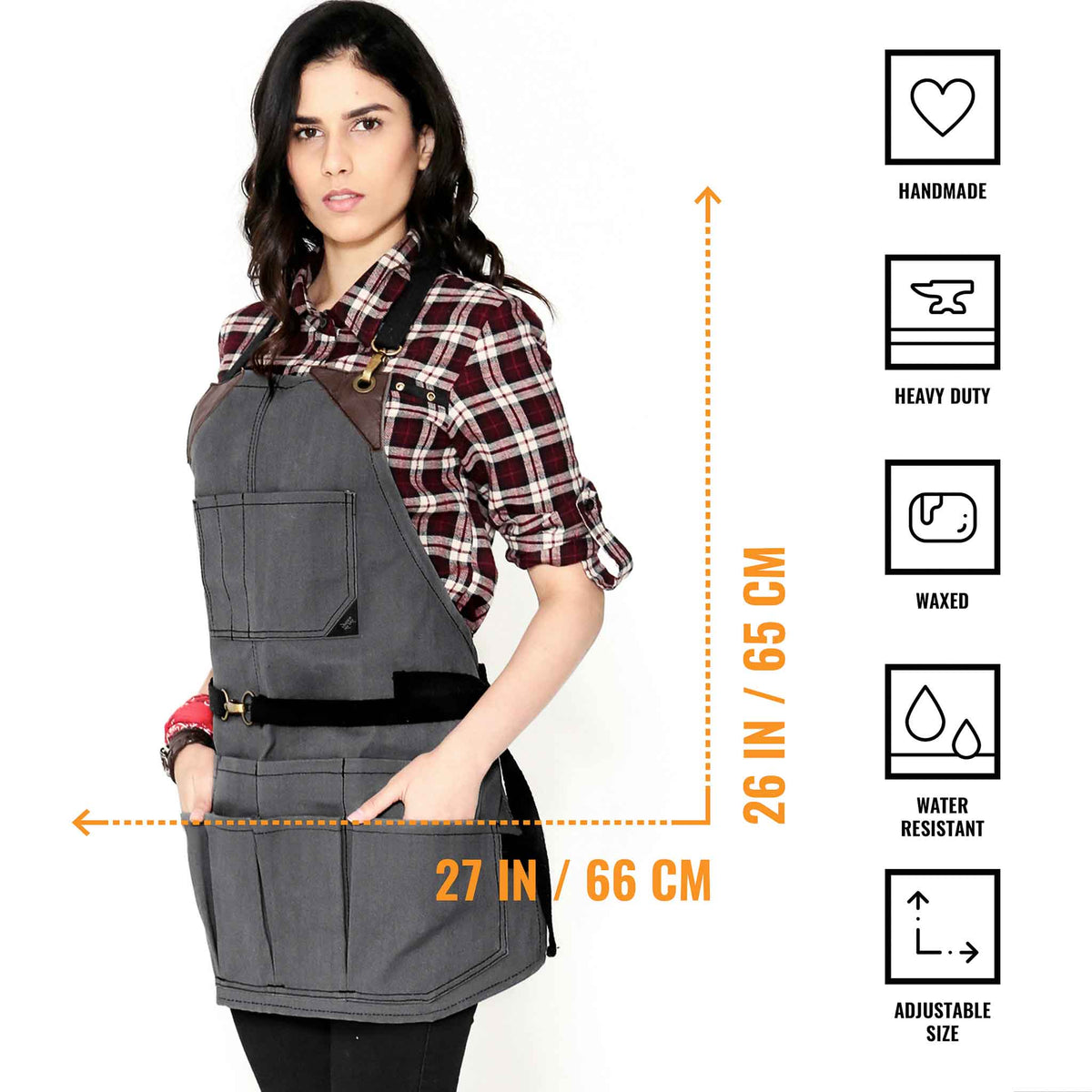 Tool Apron - 12 Pockets, Heavy-Duty Waxed Canvas, Leather Trim, NoTie - Woodwork, Garden, Shop - Under NY Sky