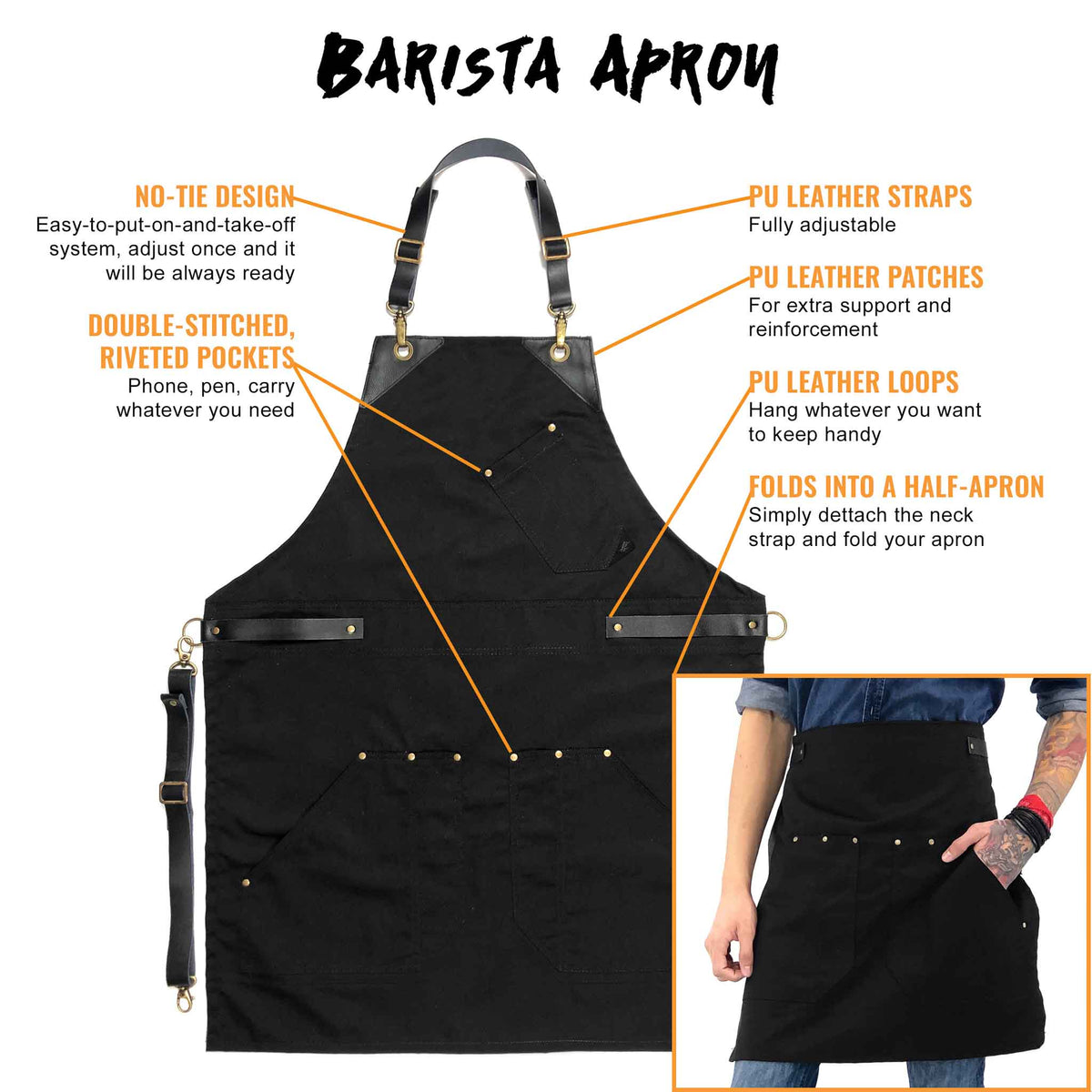 Barista Apron - Leather Straps &amp; Loops - Double Stitched  - Chef, Cook, Barista, Bartender - Under NY Sky