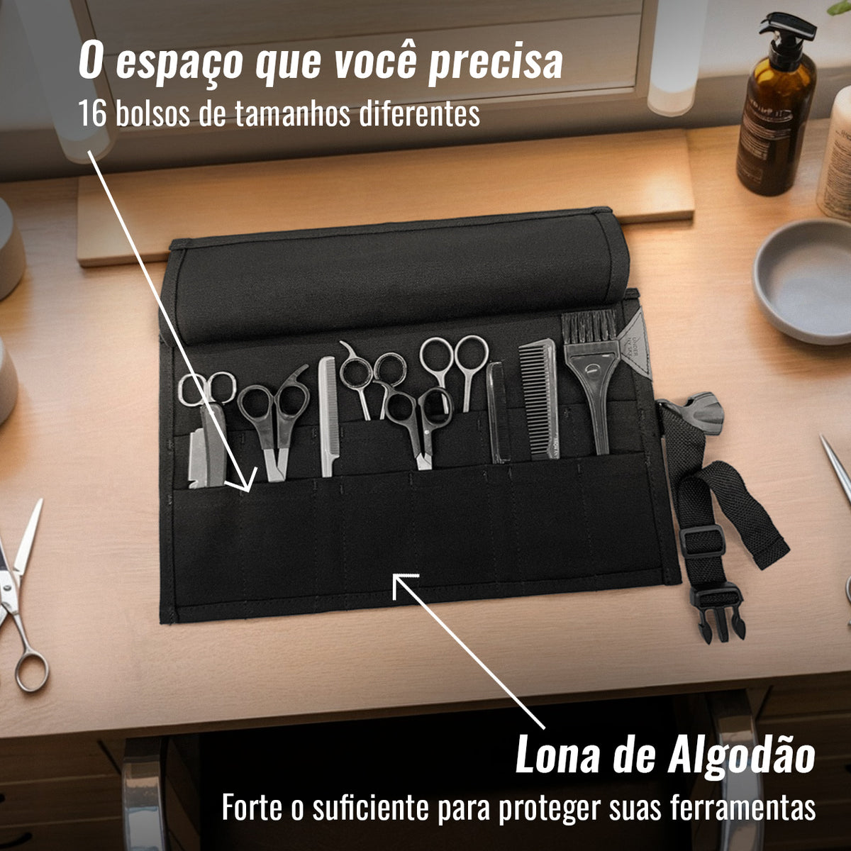 Estojo Porta Tesoura - Salão de Beleza, Barbearia - Case Rolo em Lona para Tesouras de Corte de Cabelo, Pentes, Pincéis, Lápis Maquiagem - Barbeiro, Cabeleireiro, Maquiador - Under NY Sky