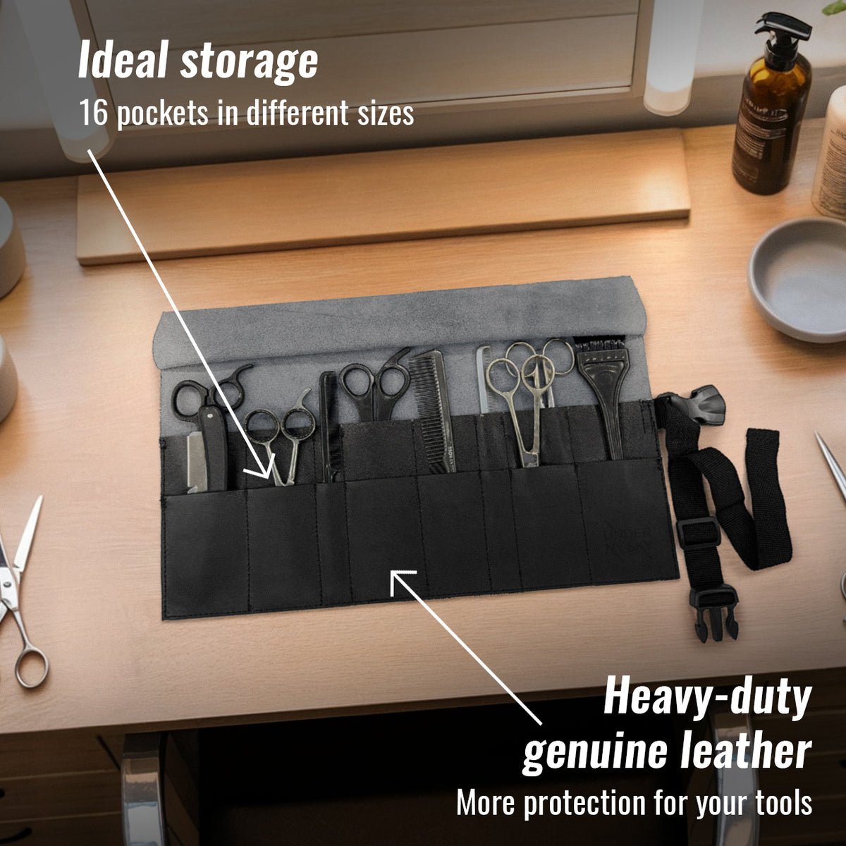 Estojo Porta Tesoura - Salão de Beleza, Barbearia - Case Rolo em Couro Legítimo para Tesouras de Corte de Cabelo, Pentes, Pincéis, Lápis Maquiagem - Barbeiro, Cabeleireiro, Maquiador -  Under NY Sky