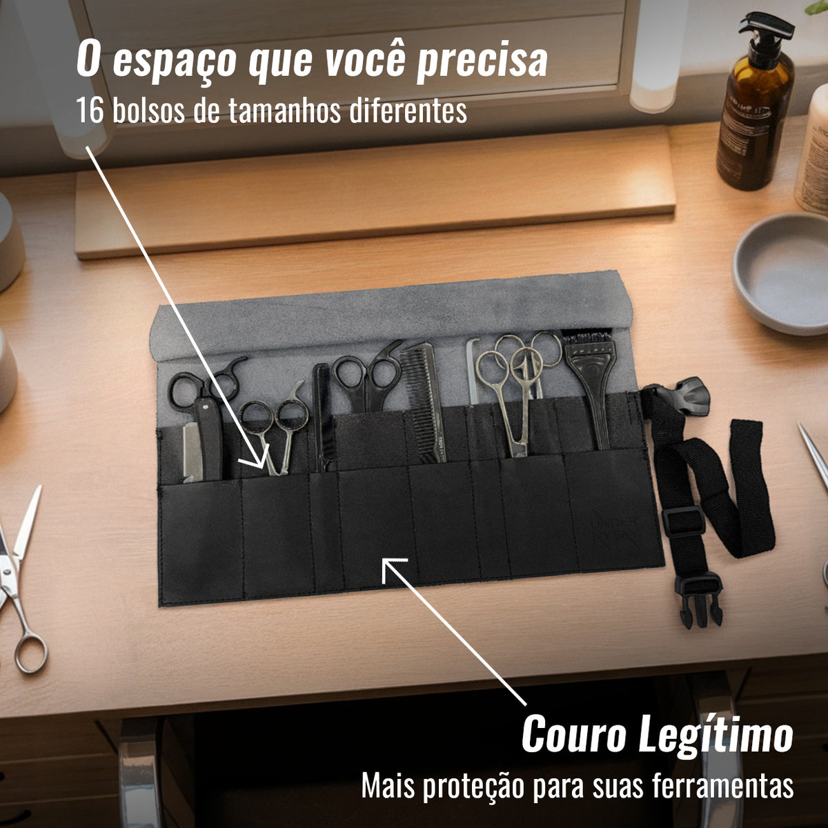 Estojo Porta Tesoura - Salão de Beleza, Barbearia - Case Rolo em Couro Legítimo para Tesouras de Corte de Cabelo, Pentes, Pincéis, Lápis Maquiagem - Barbeiro, Cabeleireiro, Maquiador -  Under NY Sky