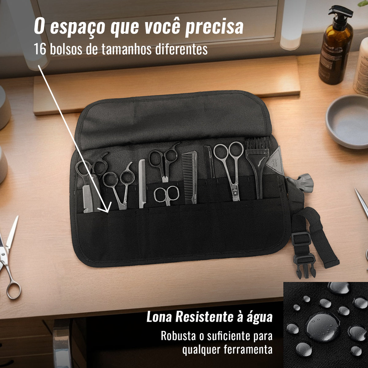 Estojo Porta Tesoura - Salão de Beleza, Barbearia - Case Rolo em Lona Oxford para Tesouras de Corte de Cabelo, Pentes, Pincéis, Lápis Maquiagem - Barbeiro, Cabeleireiro, Maquiador - Under NY Sky