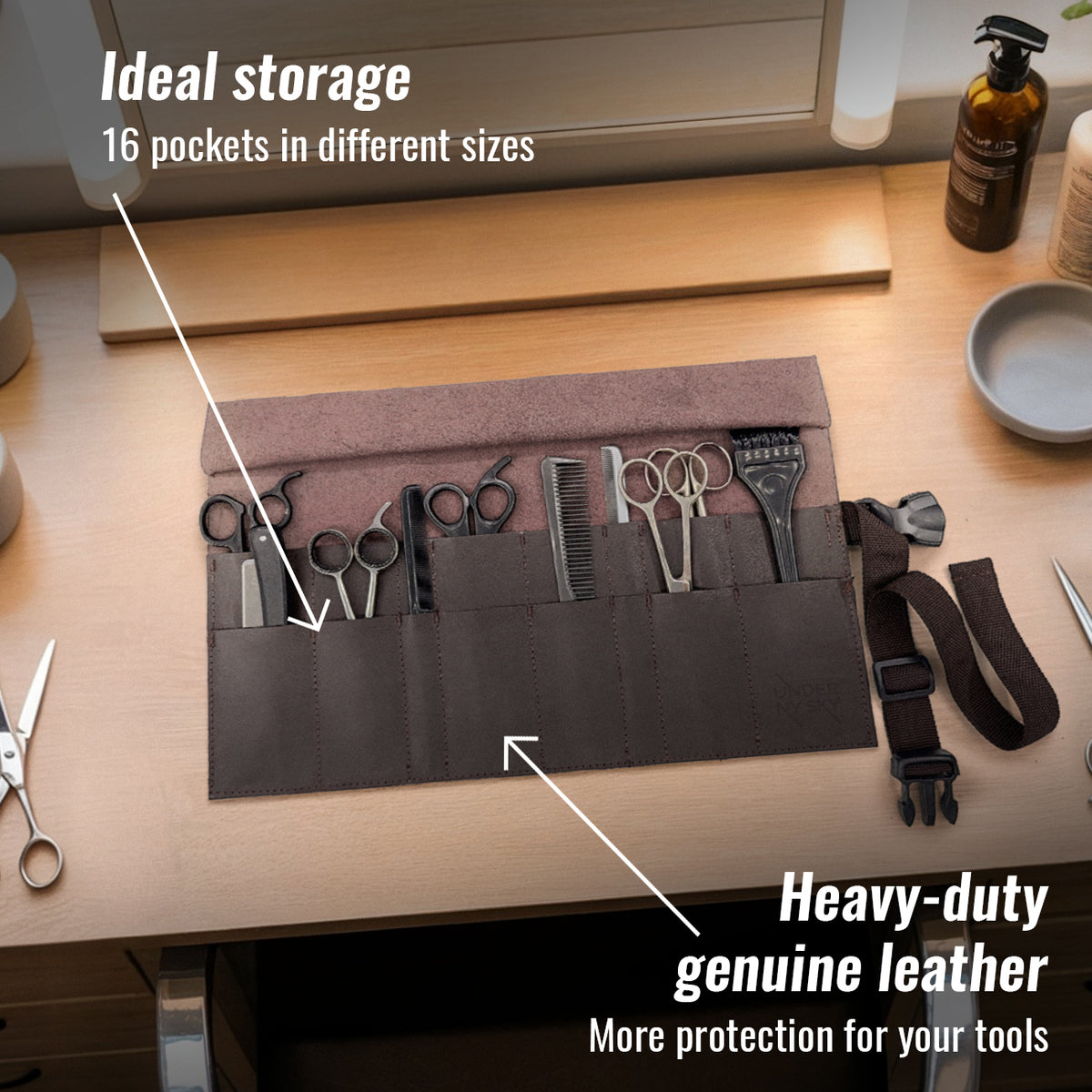 Estojo Porta Tesoura - Salão de Beleza, Barbearia - Case Rolo em Couro Legítimo para Tesouras de Corte de Cabelo, Pentes, Pincéis, Lápis Maquiagem - Barbeiro, Cabeleireiro, Maquiador -  Under NY Sky