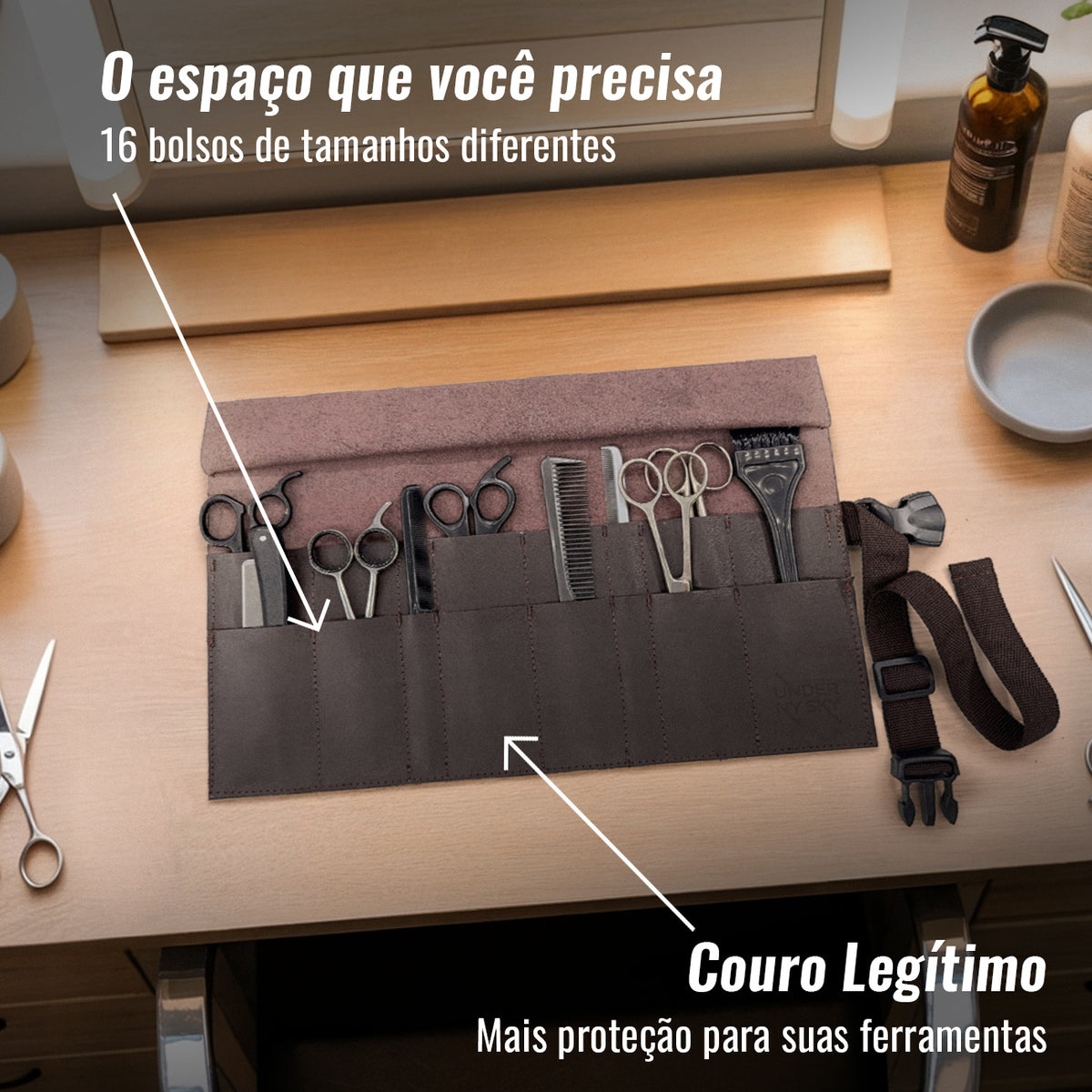 Estojo Porta Tesoura - Salão de Beleza, Barbearia - Case Rolo em Couro Legítimo para Tesouras de Corte de Cabelo, Pentes, Pincéis, Lápis Maquiagem - Barbeiro, Cabeleireiro, Maquiador -  Under NY Sky