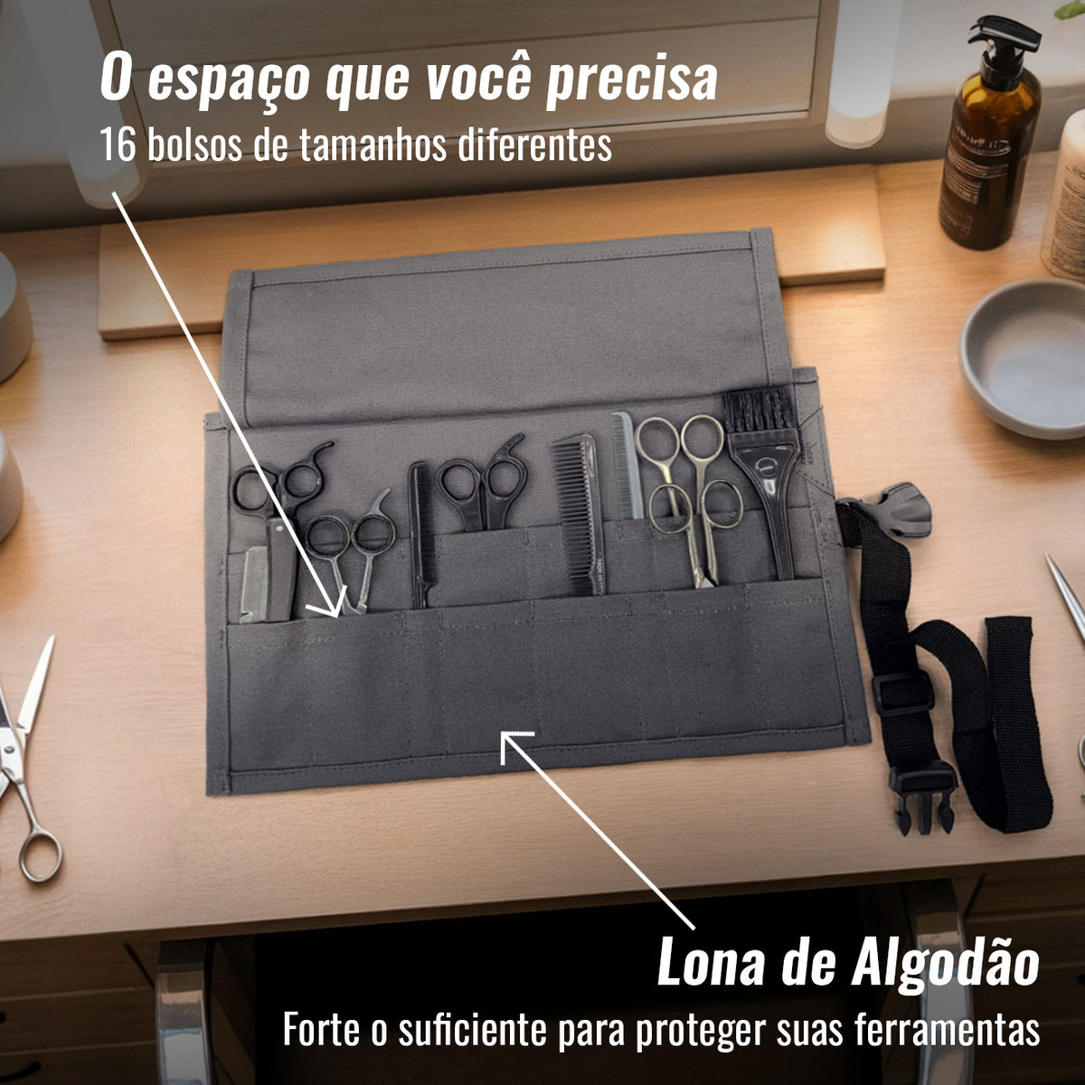 Estojo Porta Tesoura - Salão de Beleza, Barbearia - Case Rolo em Lona para Tesouras de Corte de Cabelo, Pentes, Pincéis, Lápis Maquiagem - Barbeiro, Cabeleireiro, Maquiador - Under NY Sky