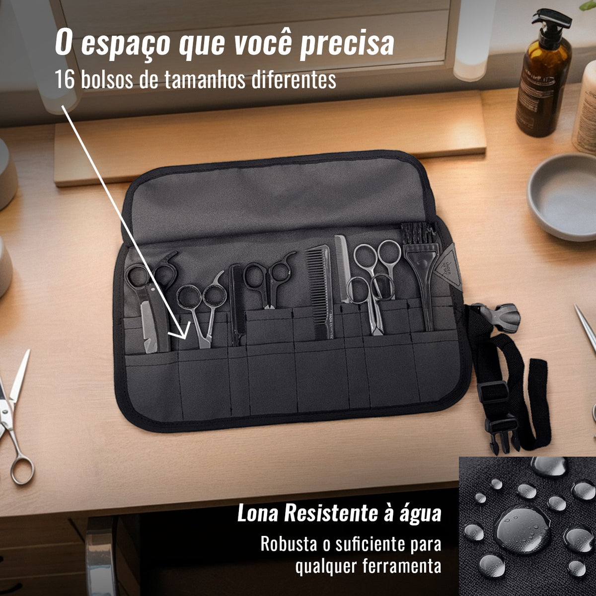 Estojo Porta Tesoura - Salão de Beleza, Barbearia - Case Rolo em Lona Oxford para Tesouras de Corte de Cabelo, Pentes, Pincéis, Lápis Maquiagem - Barbeiro, Cabeleireiro, Maquiador - Under NY Sky