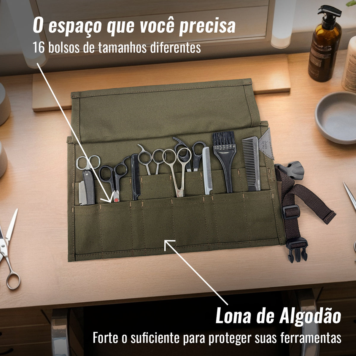 Estojo Porta Tesoura - Salão de Beleza, Barbearia - Case Rolo em Lona para Tesouras de Corte de Cabelo, Pentes, Pincéis, Lápis Maquiagem - Barbeiro, Cabeleireiro, Maquiador - Under NY Sky
