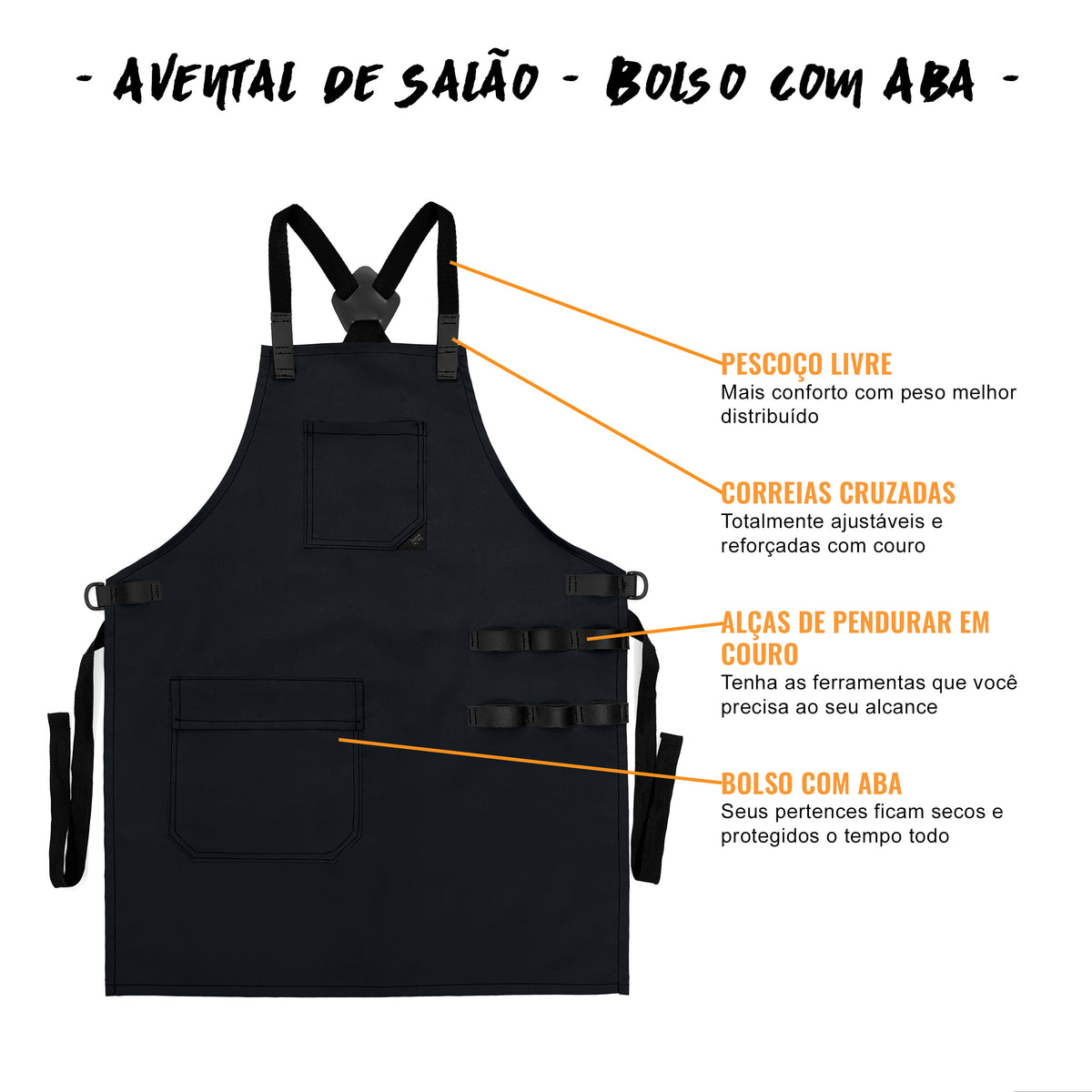 Avental Barbeiro Cabelereiro - Resistência A Químicos, Alças Cruzadas, Bolso com Lapela - Ajustável para Homem e Mulher - Ideal para salão, babearia - Under NY Sky