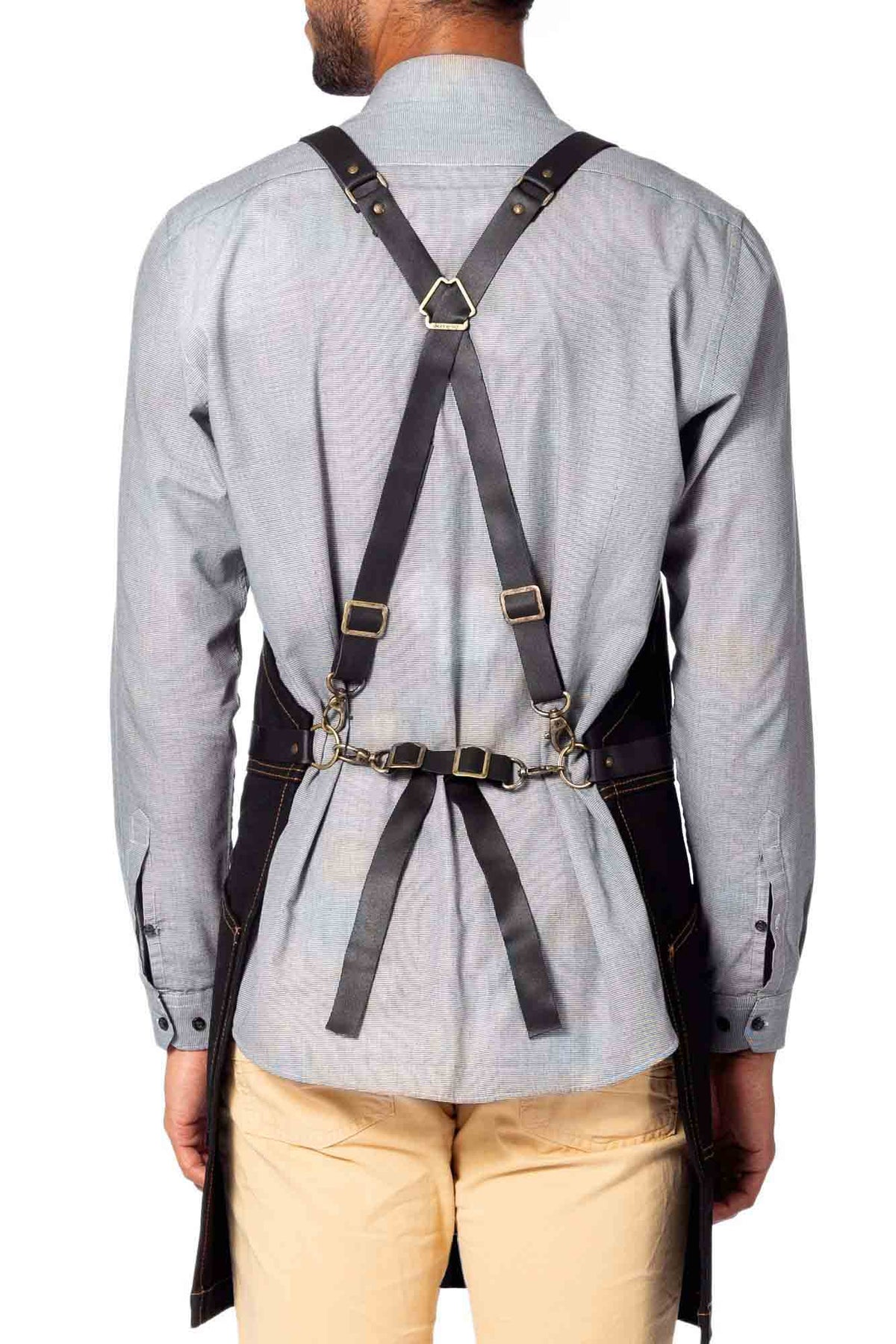 Leather Straps Apron - Denim or Waxed Canvas, CrossBack, Easy-Fastening - Carpenter, Shop, Work - Under NY Sky