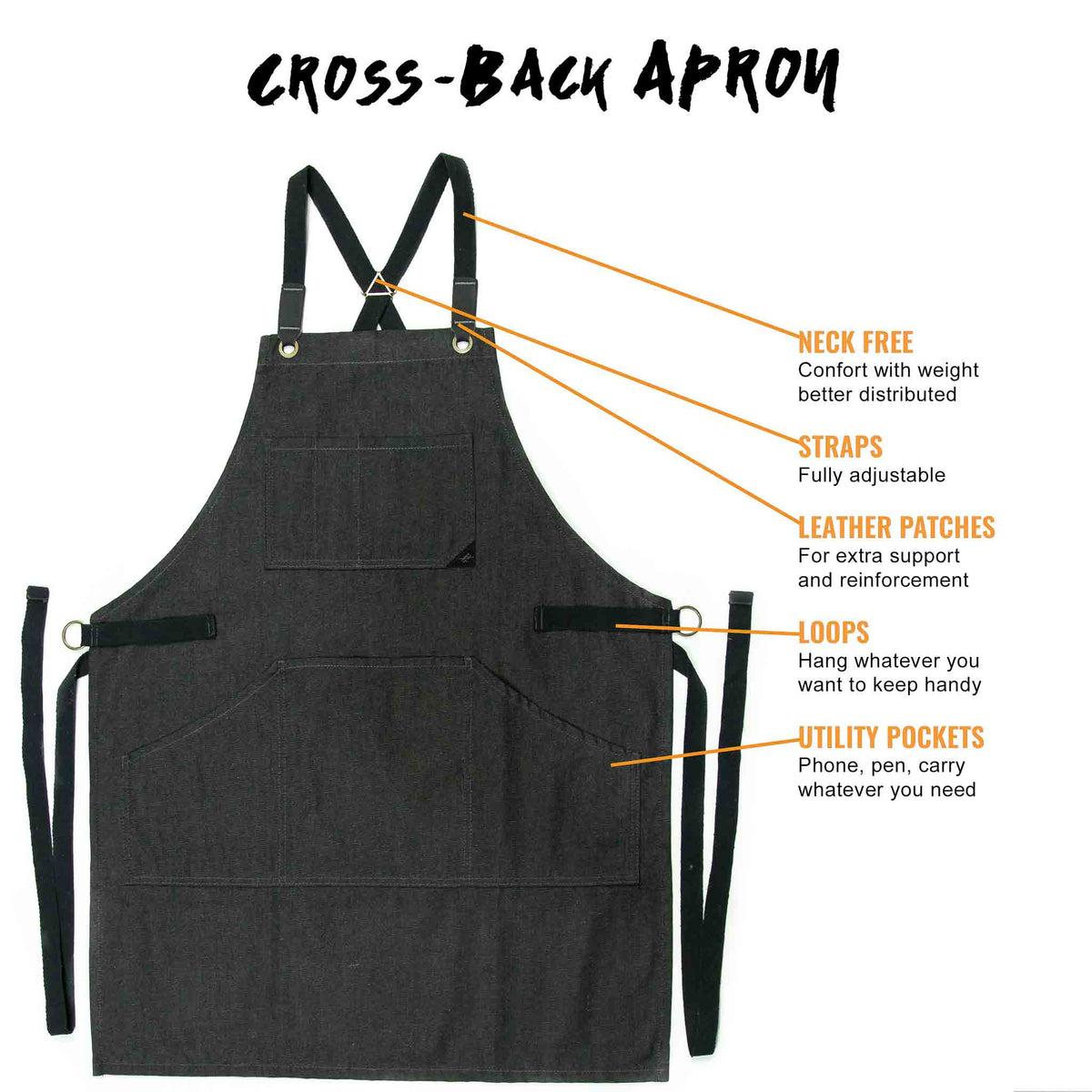 Work Apron - Professional Denim &amp; Twill, Leather Trim, CrossBack, Chef, Bartender, Shop, Server - Under NY Sky