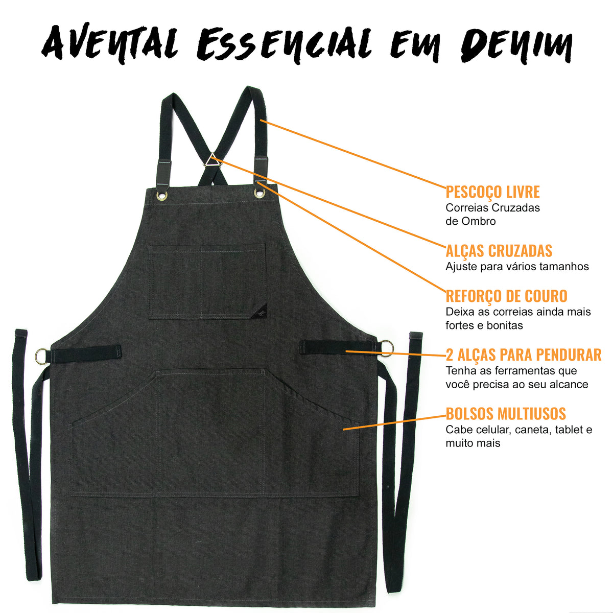 Avental de Trabalho – Jeans ou Sarja Profissional, Acabamento em Couro, Alças Cruzadas, Chef, Bartender, Comércio, Garçom - Under NY Sky