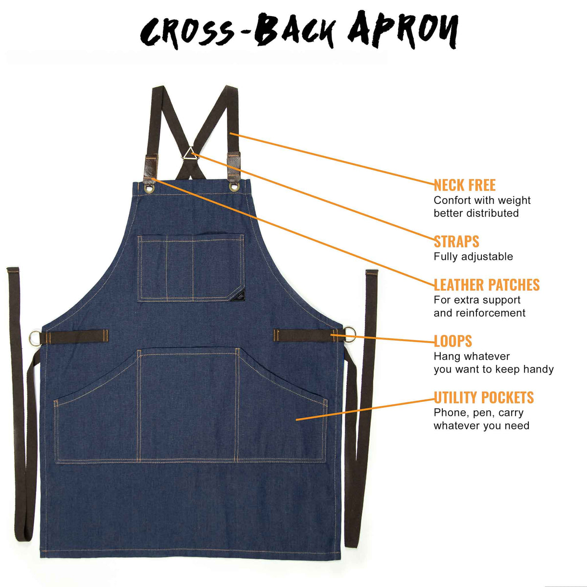 Work Apron - Professional Denim &amp; Twill, Leather Trim, CrossBack, Chef, Bartender, Shop, Server - Under NY Sky