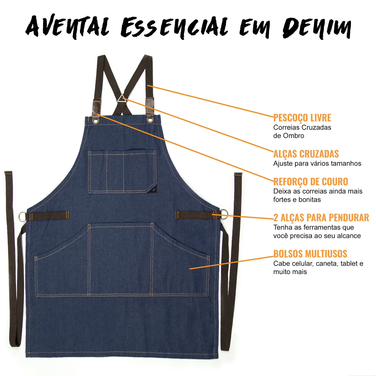 Avental de Trabalho – Jeans ou Sarja Profissional, Acabamento em Couro, Alças Cruzadas, Chef, Bartender, Comércio, Garçom - Under NY Sky