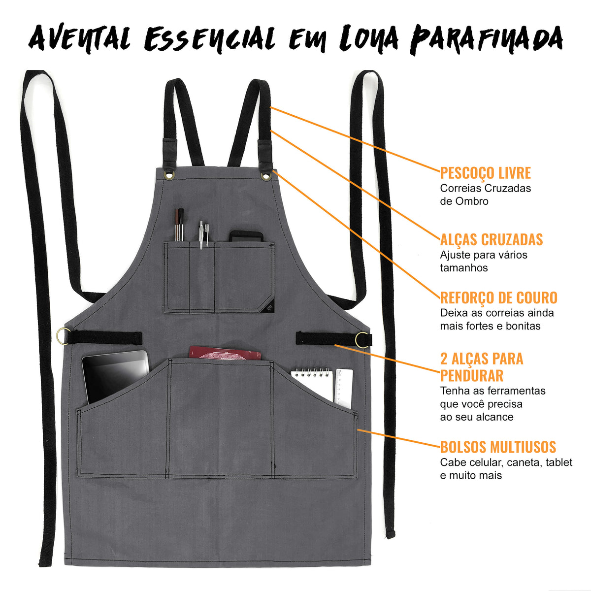 Avental de Oficina – Lona Grossa Encerada, Bolsos para Ferramentas, Alças Cruzadas, Chef, Carpinteiro, Churrasco, Comércio -  Under NY Sky