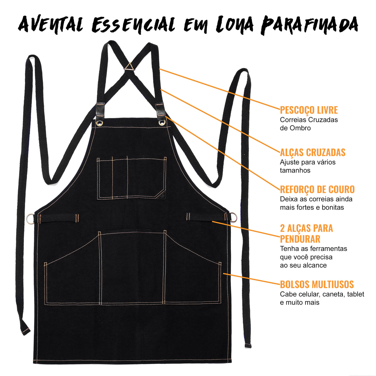 Avental de Oficina – Lona Grossa Encerada, Bolsos para Ferramentas, Alças Cruzadas, Chef, Carpinteiro, Churrasco, Comércio -  Under NY Sky