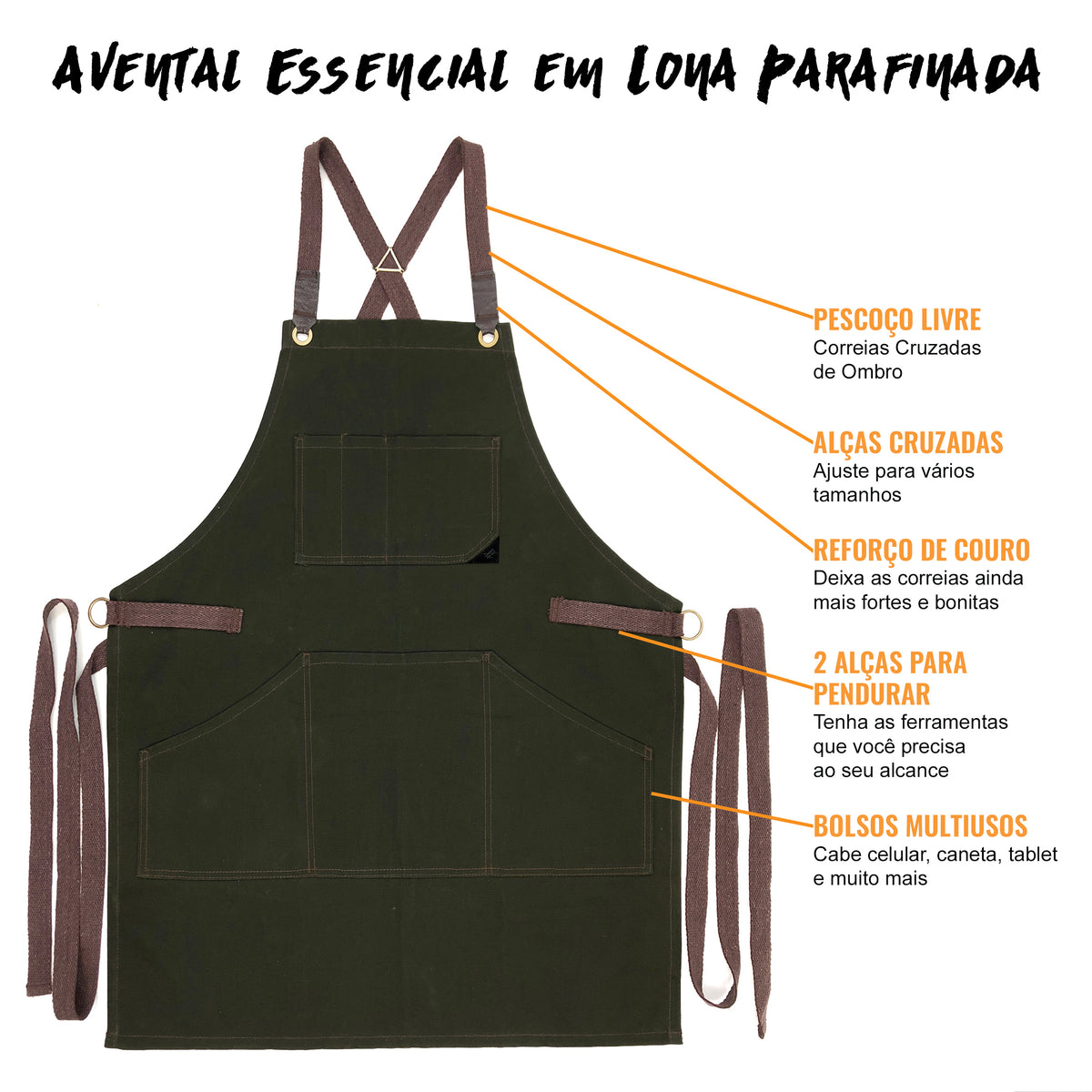 Avental de Oficina – Lona Grossa Encerada, Bolsos para Ferramentas, Alças Cruzadas, Chef, Carpinteiro, Churrasco, Comércio -  Under NY Sky