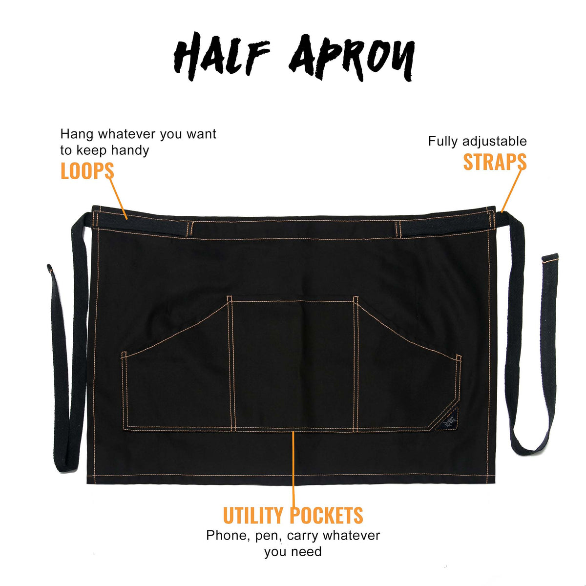 Half Apron - Double Stitched, Many Pockets - Chef, Server, Bistro, Restaurant, Waiter, Shop - Under NY Sky