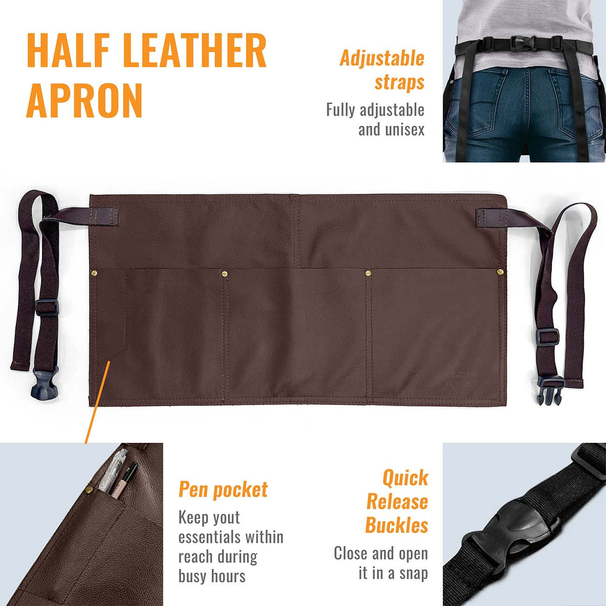 Genuine Leather Half Apron - Big Pockets - Adjustable - Restaurant, Barista, Shop, Salon, Bartender, Server, Waiter -  Under NY Sky