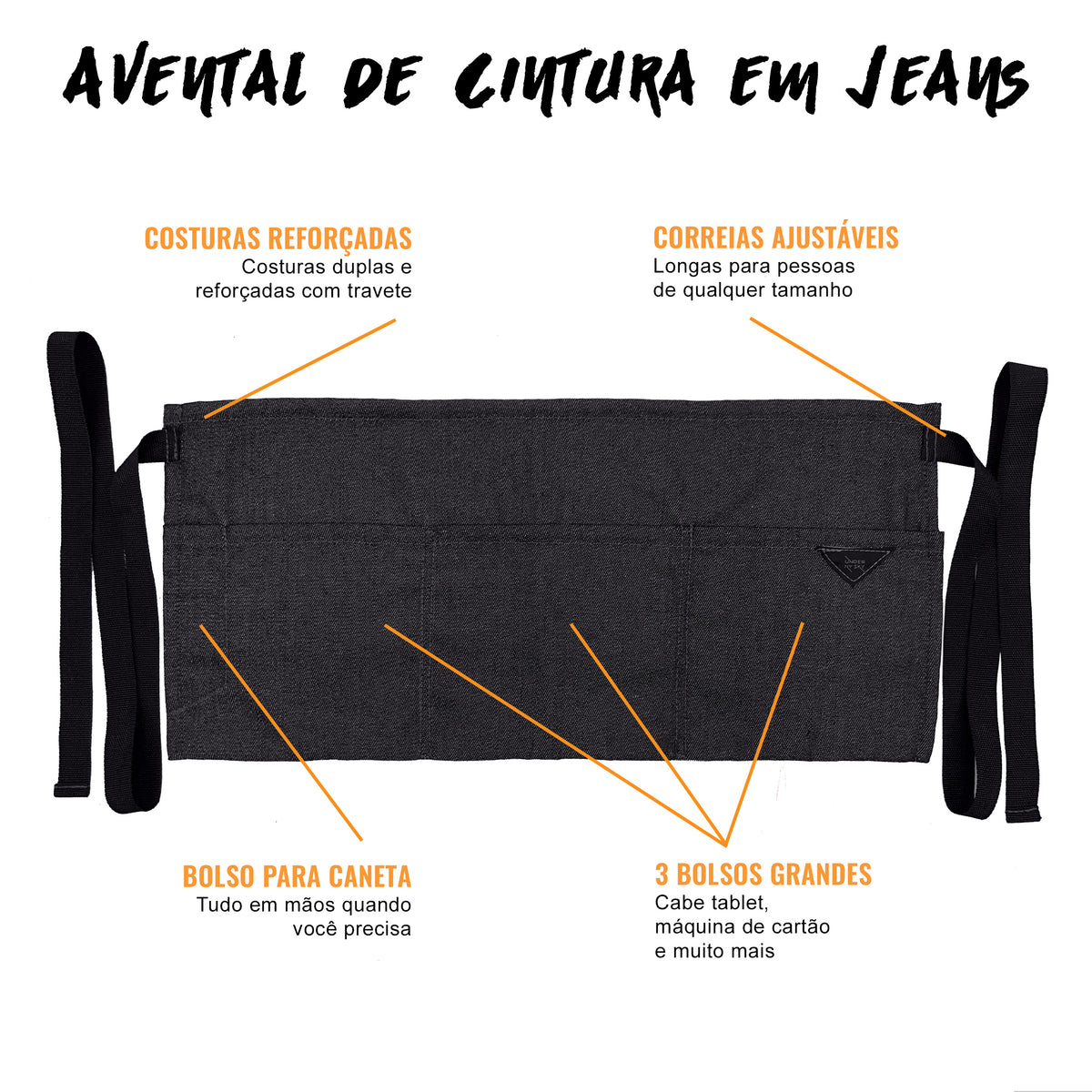 Avental de Cintura – 3 Bolsos, Sarja ou Jeans Profissional – Meio Avental – Garçom, Garçonete, Bartender, Restaurante, Cafeteria - Under NY Sky