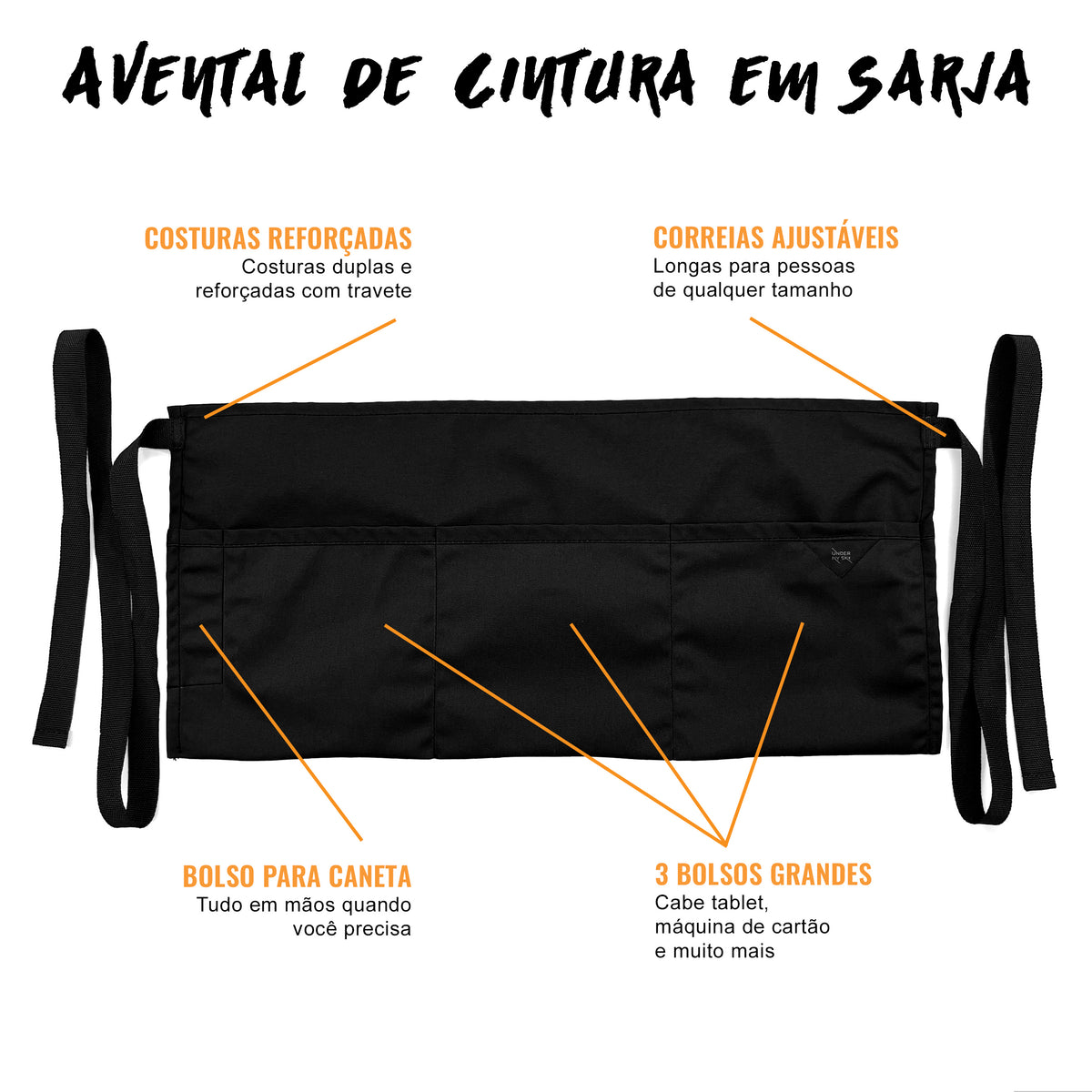 Avental de Cintura – 3 Bolsos, Sarja ou Jeans Profissional – Meio Avental – Garçom, Garçonete, Bartender, Restaurante, Cafeteria - Under NY Sky