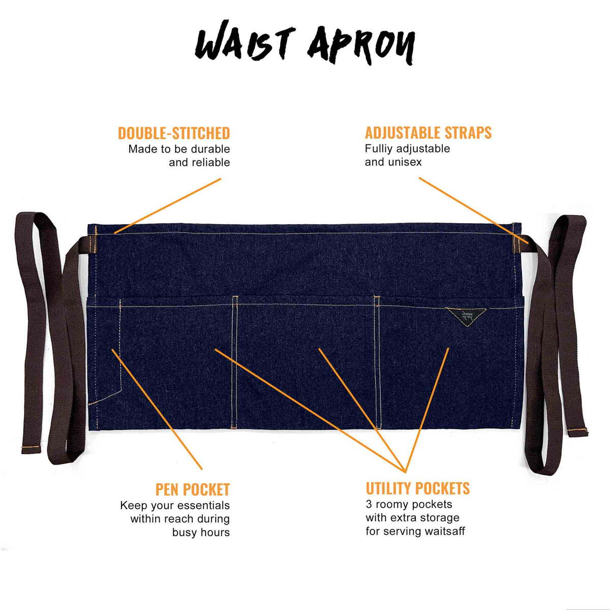 Waist Apron - 3 pockets, Durable Twill or Denim - Half Apron - Server, Waiter, Waitress, Bartender, Shop, Restaurant, Bistro Aprons - Under NY Sky