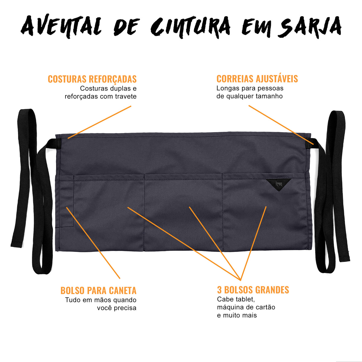 Avental de Cintura – 3 Bolsos, Sarja ou Jeans Profissional – Meio Avental – Garçom, Garçonete, Bartender, Restaurante, Cafeteria - Under NY Sky