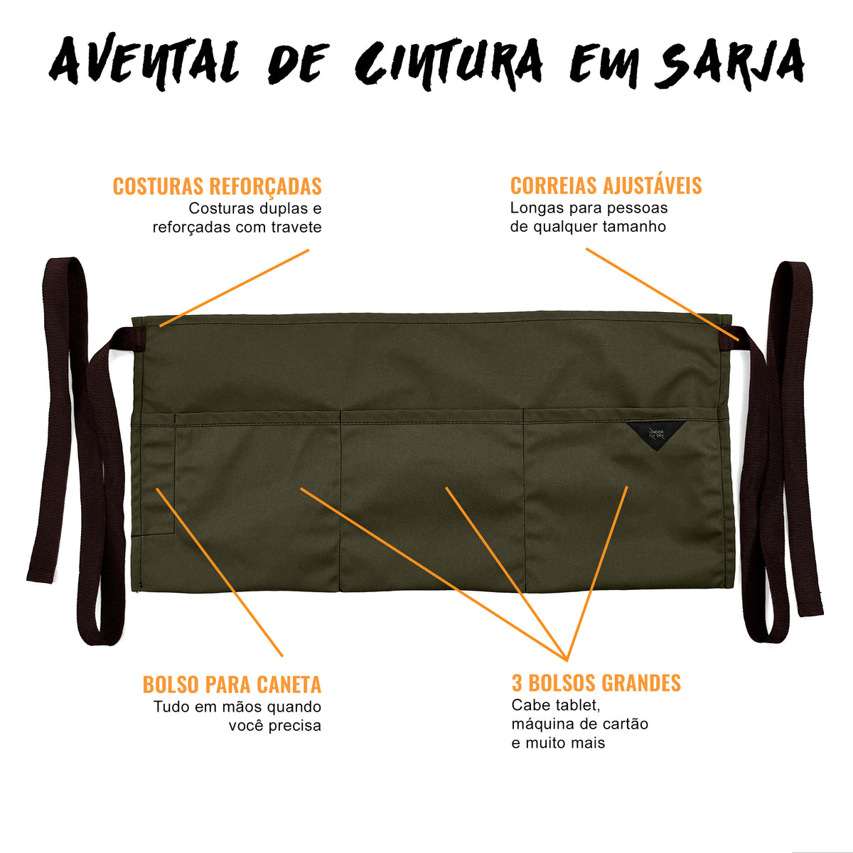 Avental de Cintura – 3 Bolsos, Sarja ou Jeans Profissional – Meio Avental – Garçom, Garçonete, Bartender, Restaurante, Cafeteria - Under NY Sky